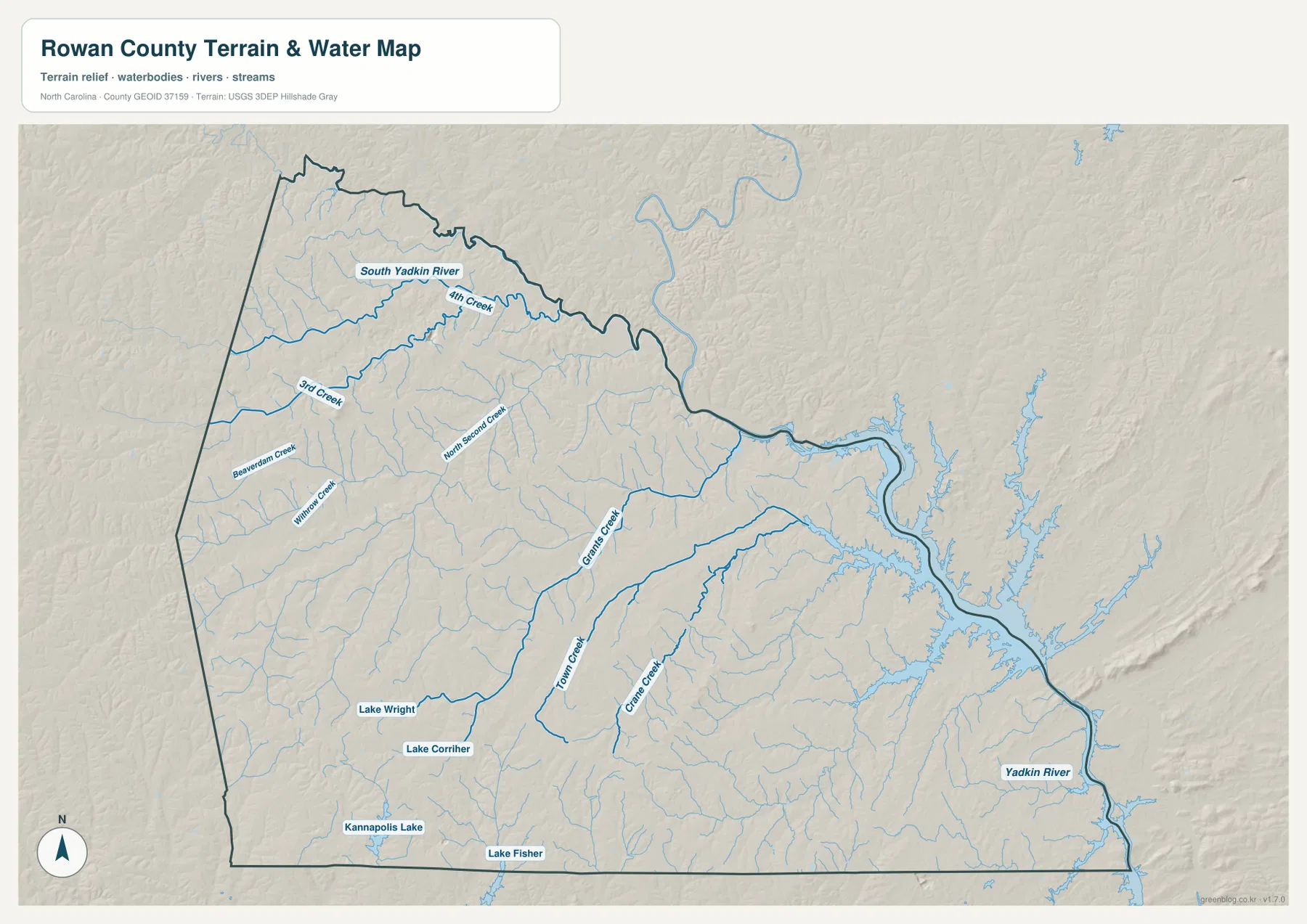 로완 카운티 Yadkin River South Yadkin River Grants Creek Town Creek High Rock Lake 수역 지형 지도