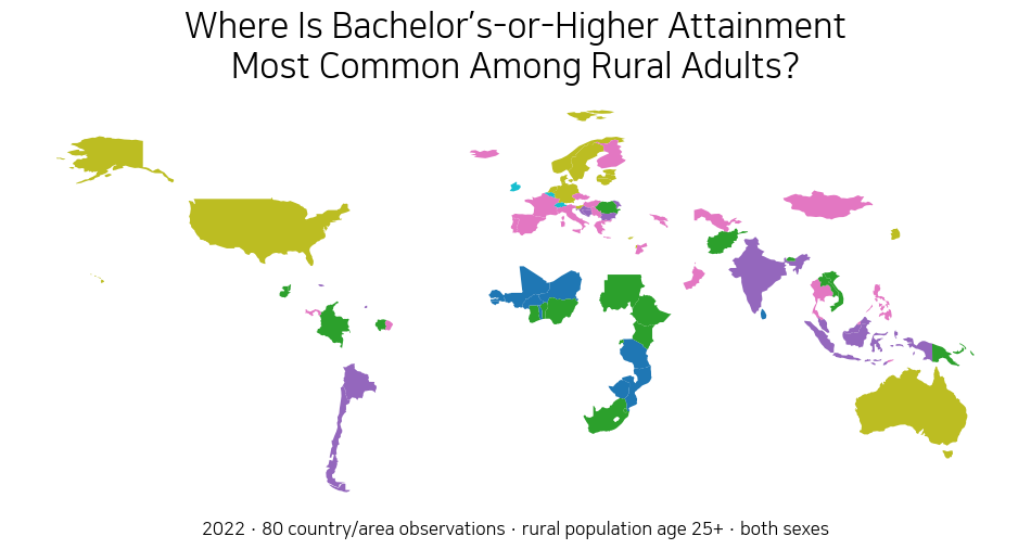 World map of the percentage of rural adults age 25 and older with bachelor’s or equivalent education or higher in 2022
