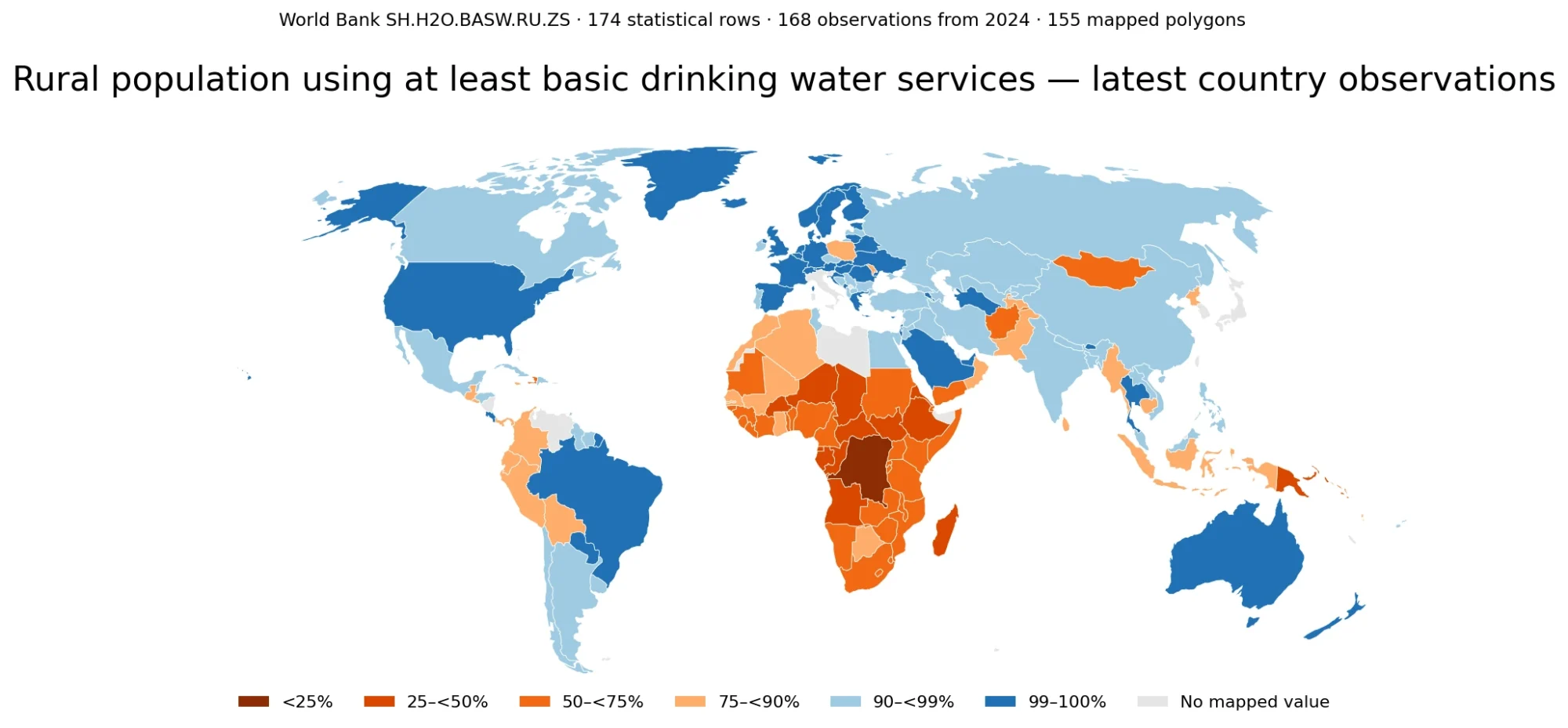 World map of rural population using at least basic drinking water services
