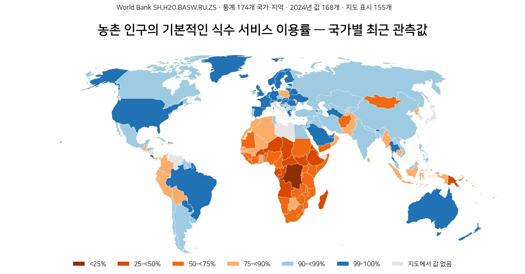 농촌 인구의 기본적인 식수 서비스 이용률 세계 지도