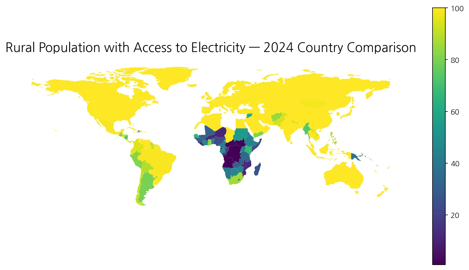 World map of rural population with access to electricity in 2024