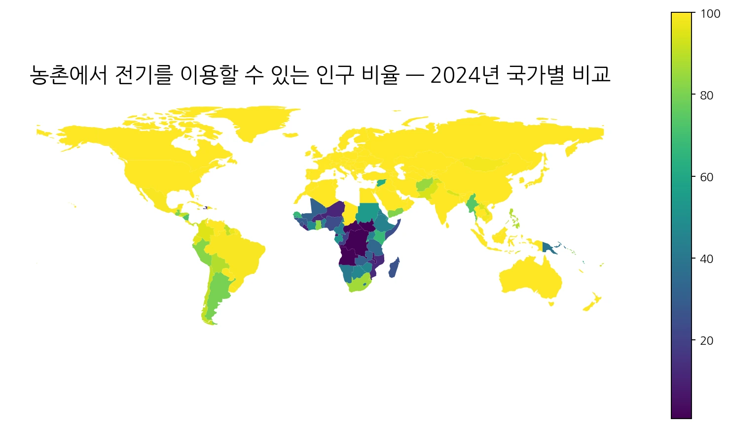 2024년 농촌 인구의 전력 접근률 세계 지도