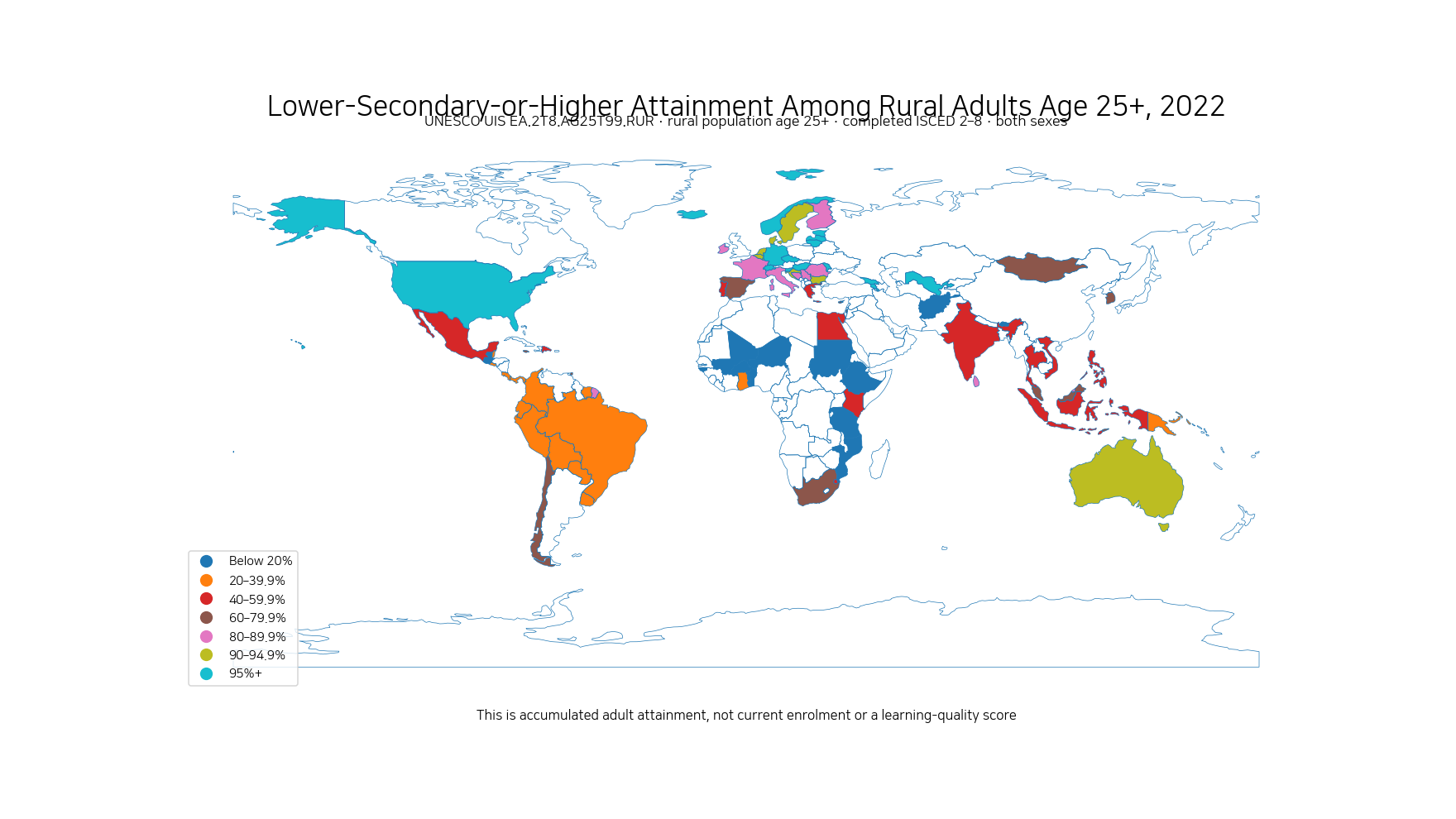 World map of lower-secondary-or-higher educational attainment among rural adults age 25 and older in 2022