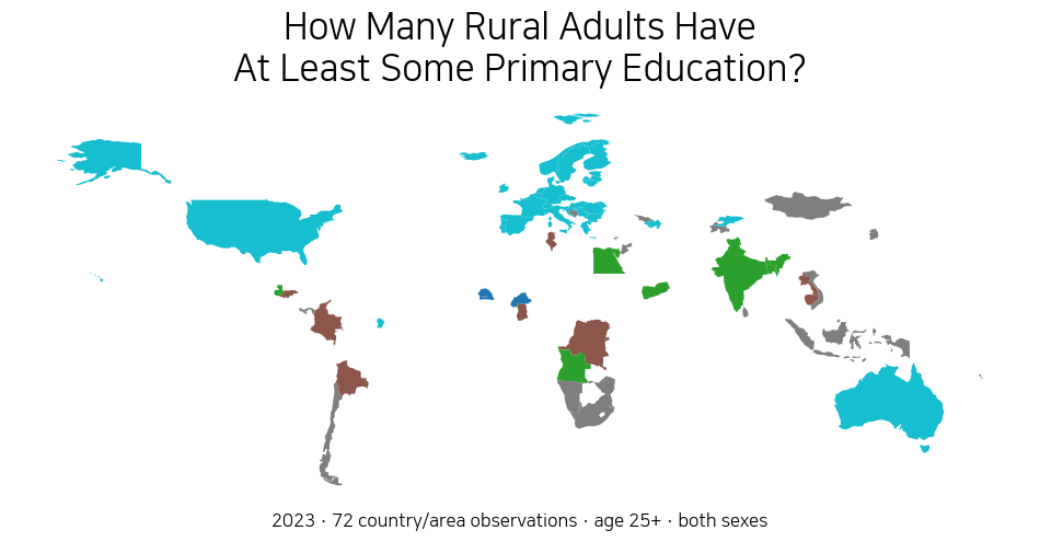 World map of rural adults age 25 and older with at least some primary education in 2023