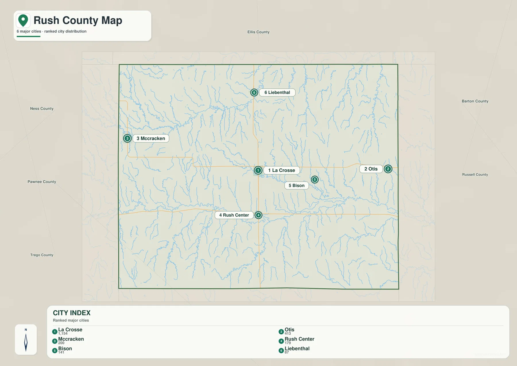 Rush County Kansas city map showing La Crosse, Otis, McCracken, Rush Center, Bison and Liebenthal