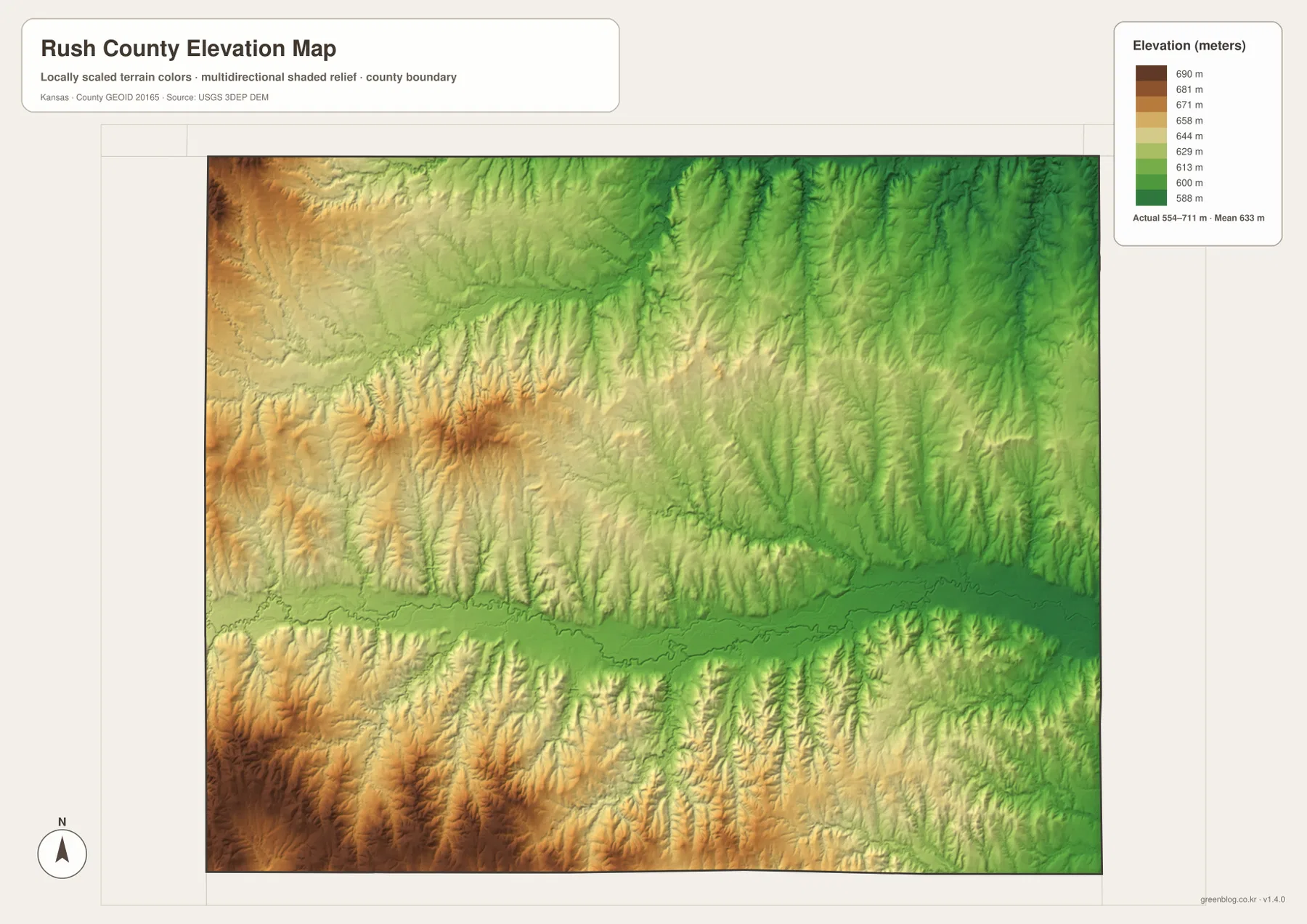 Rush County Kansas elevation map showing 554 to 711 meter relief, higher western uplands and lower central and eastern creek valleys