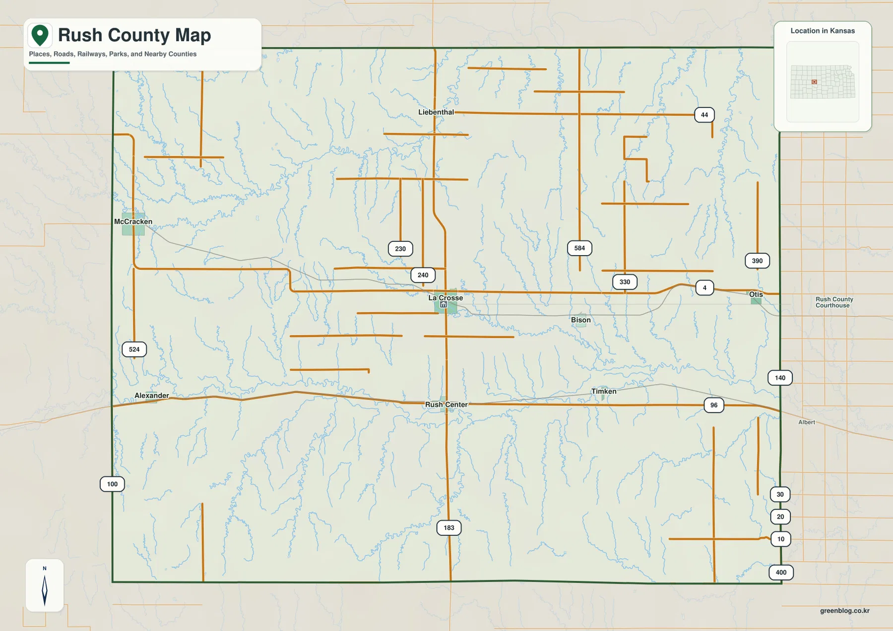 Rush County Kansas map showing La Crosse, Otis, Rush Center, McCracken, US 183, K-4 and K-96