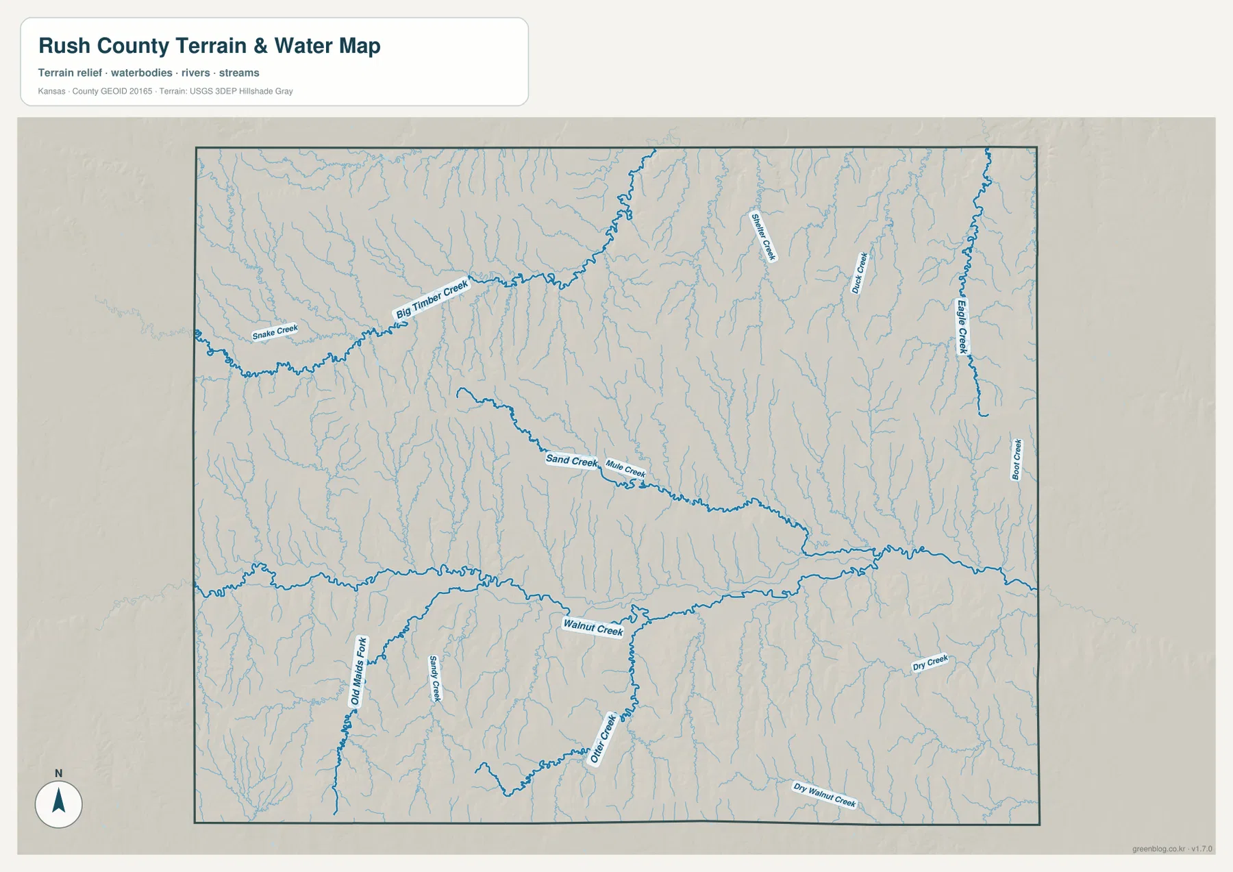 Rush County Kansas terrain and water map showing Big Timber Creek, Sand Creek, Walnut Creek, Otter Creek and Dry Walnut Creek