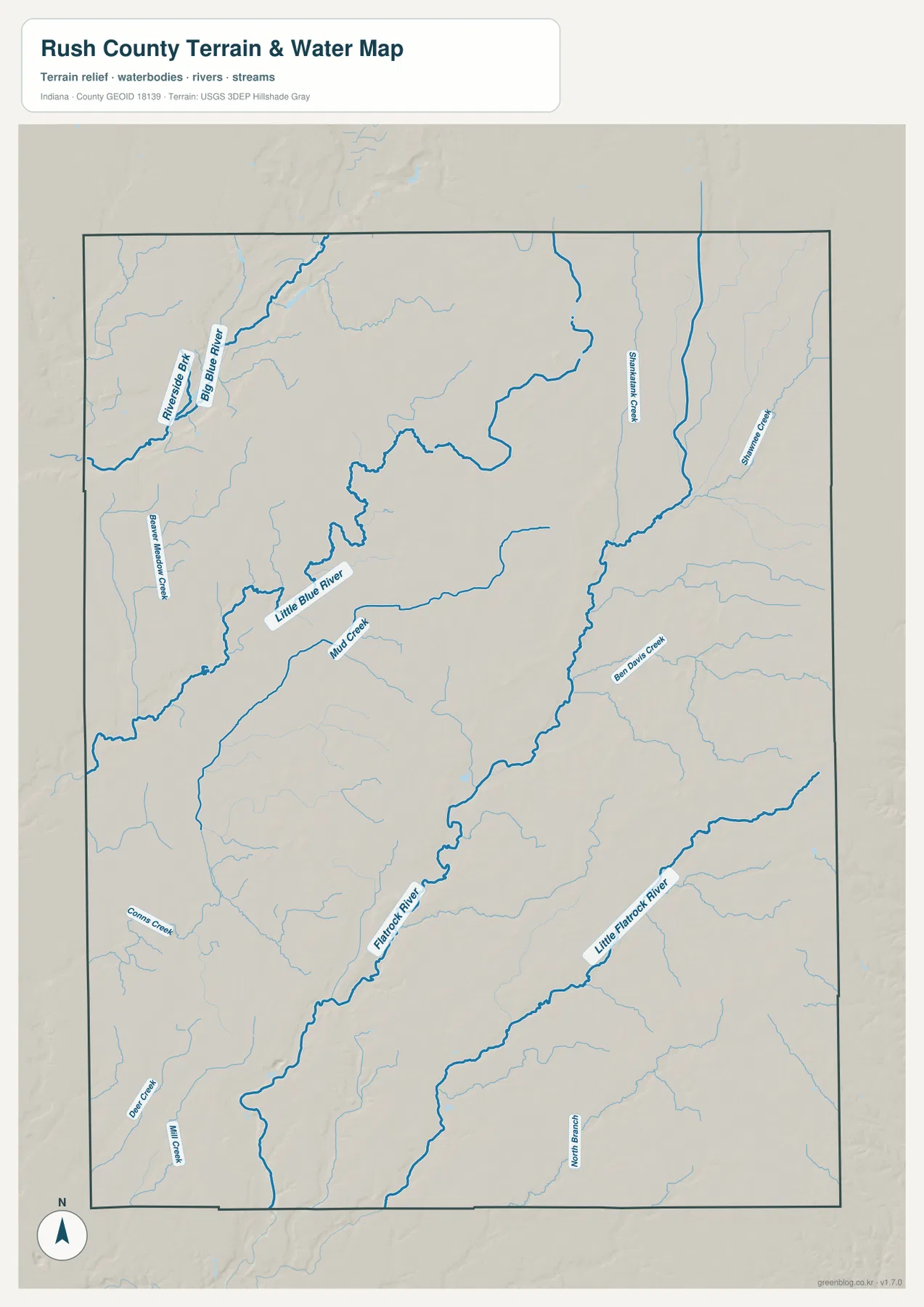Rush County 수역 지도에 Big Blue River, Little Blue River, Flatrock River, Little Flatrock River와 여러 지류가 표시된 모습