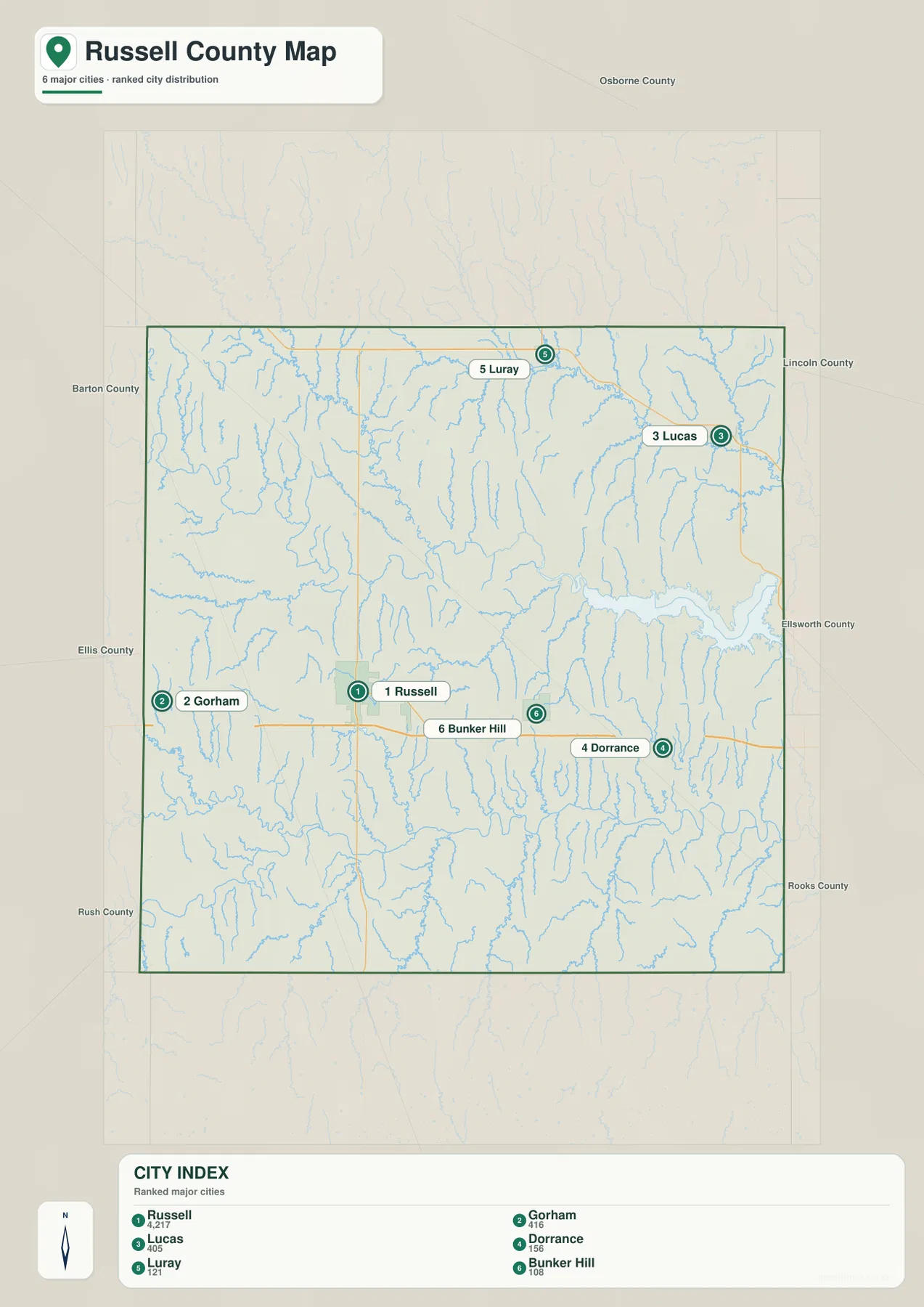 Russell County Kansas city map showing Russell, Gorham, Lucas, Dorrance, Luray and Bunker Hill