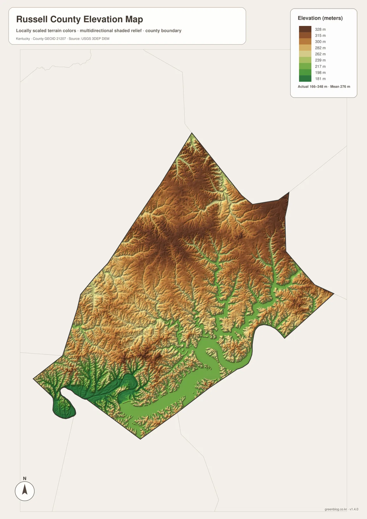 Russell County의 약 166~348m 높이 범위와 평균 약 276m를 색으로 표시한 고도 지도