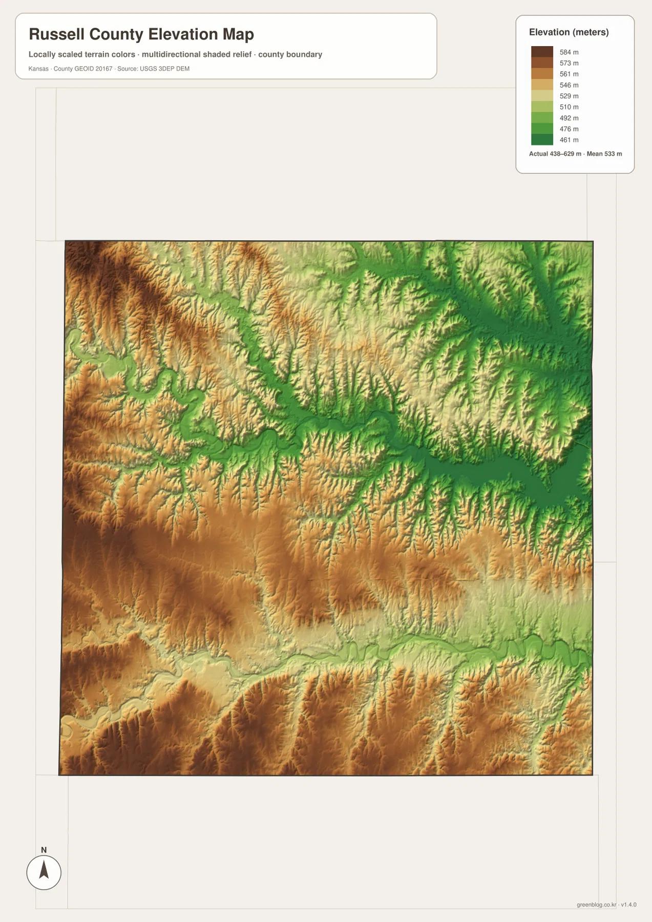 Russell County Kansas elevation map showing 438 to 629 meter relief, high western hills and lower Saline and Smoky Hill river valleys