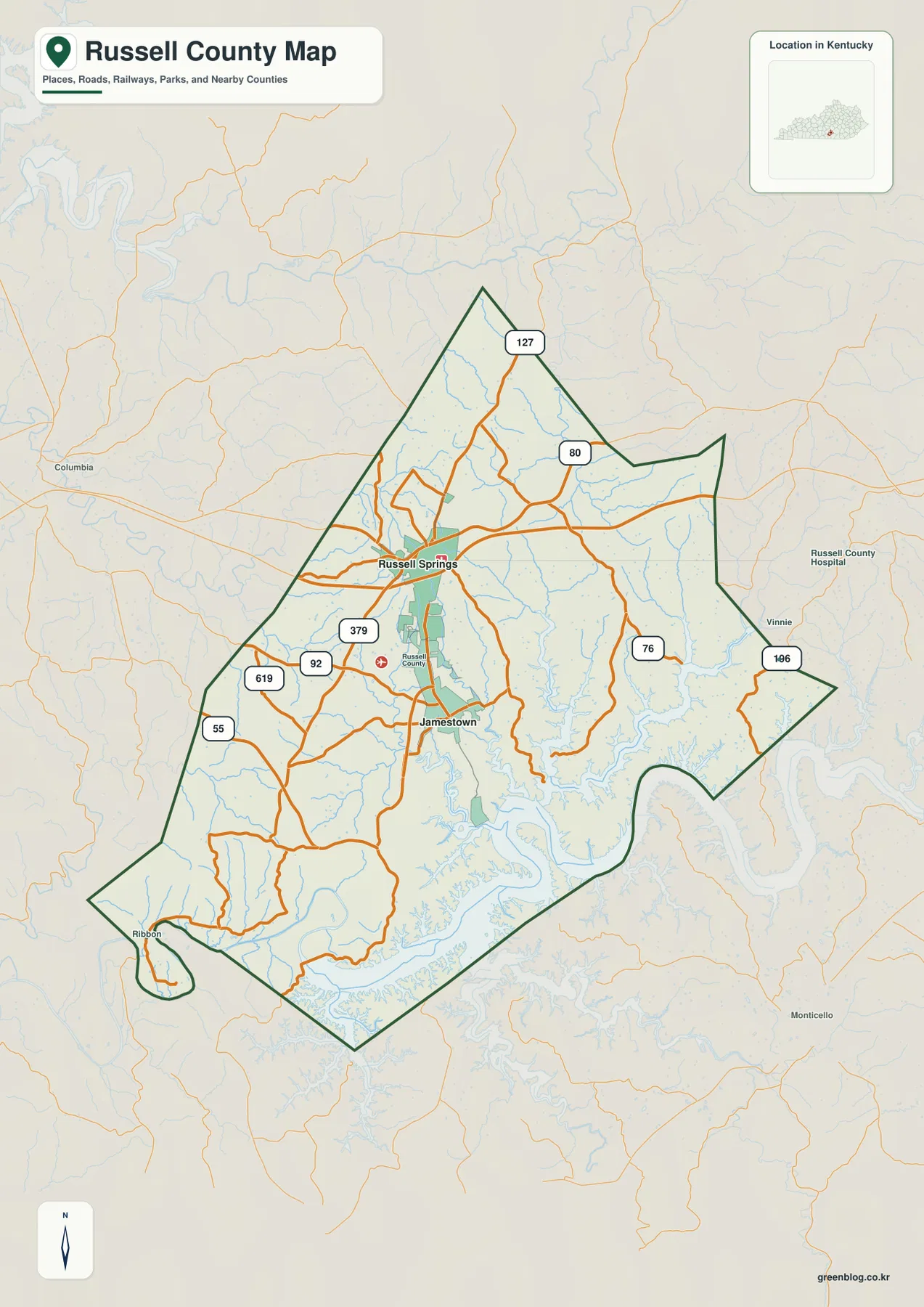 켄터키주 Russell County 경계와 Russell Springs, Jamestown, U.S. 127, KY 80, KY 76, KY 92, KY 55를 표시한 지도