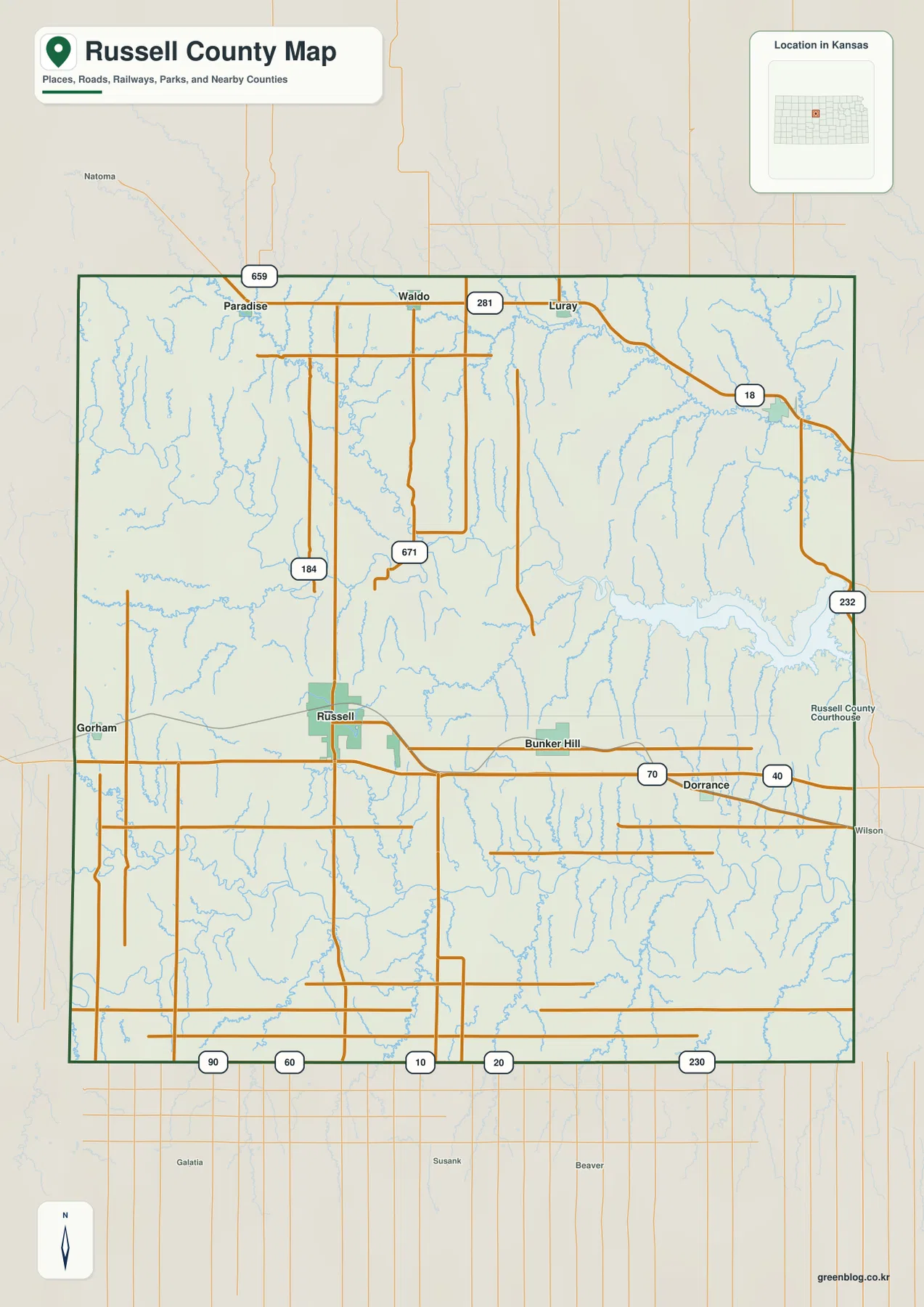 Russell County Kansas map showing Russell, Gorham, Bunker Hill, Dorrance, Lucas, I-70, US 40 and US 281