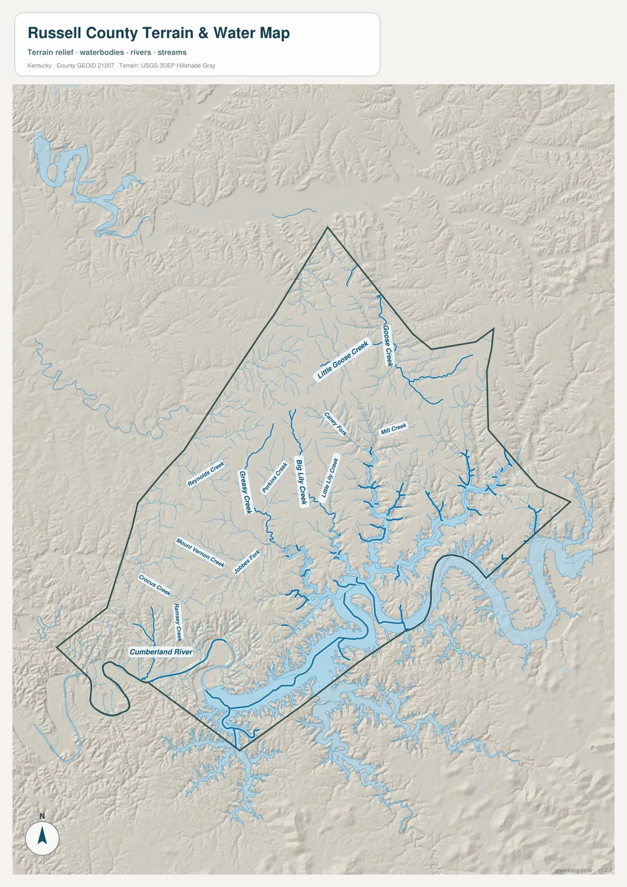 Russell County의 Lake Cumberland, Cumberland River, Goose Creek, Little Goose Creek, Beaver Creek, Mill Creek, Big Lilly Creek, Little Lilly Creek, Grassy Creek을 표시한 물과 지형 지도