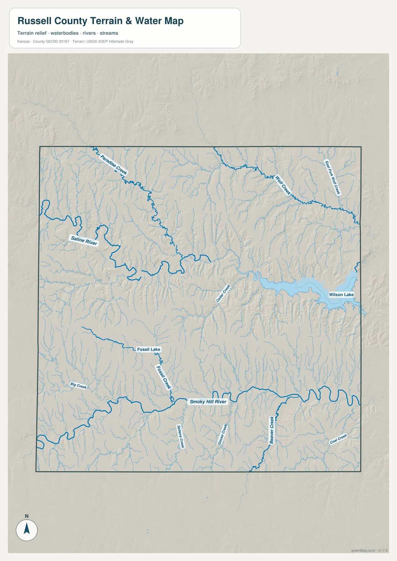 Russell County Kansas terrain and water map showing Saline River, Wilson Lake, Smoky Hill River, Fossil Creek, Paradise Creek and Wolf Creek