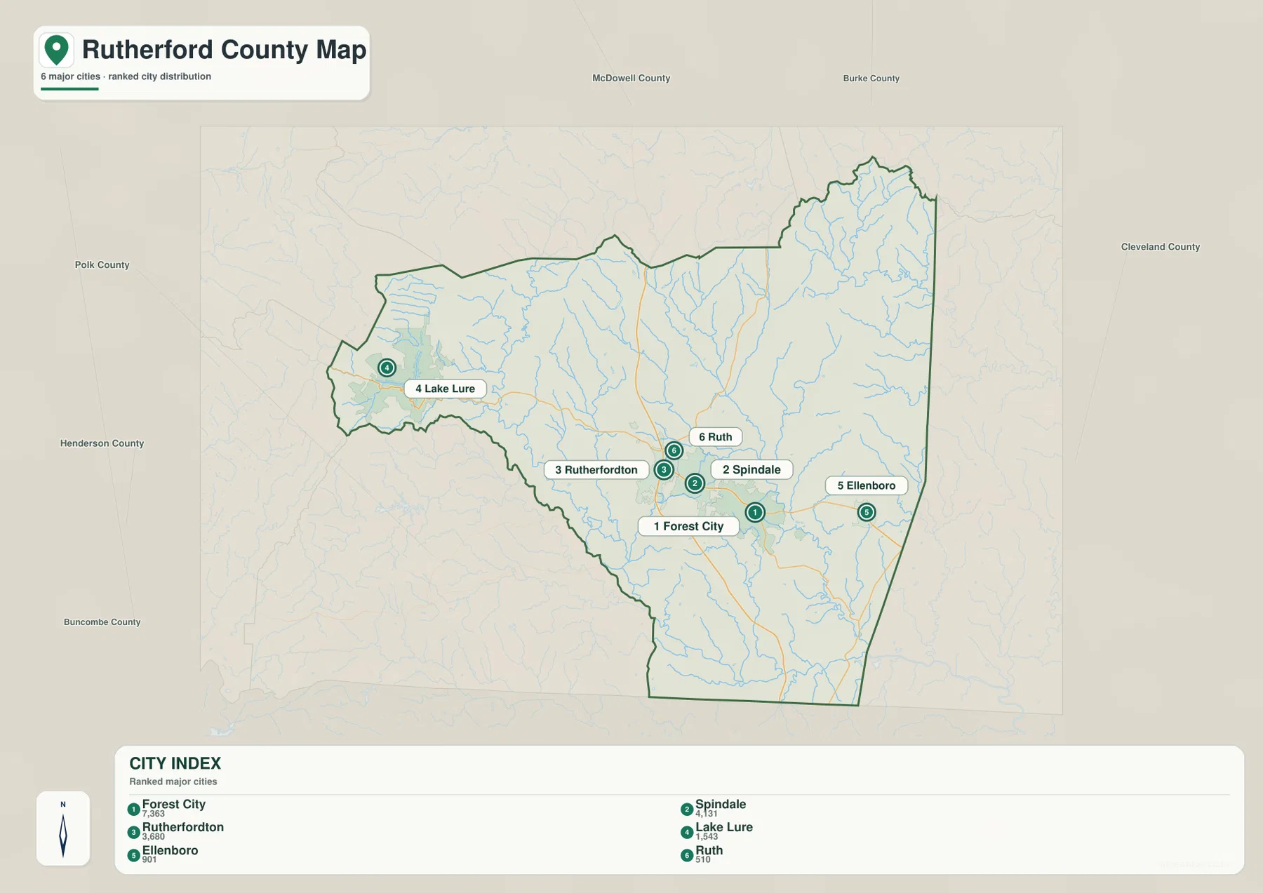 Rutherford County city distribution map showing Forest City Spindale Rutherfordton Lake Lure Ellenboro and Ruth