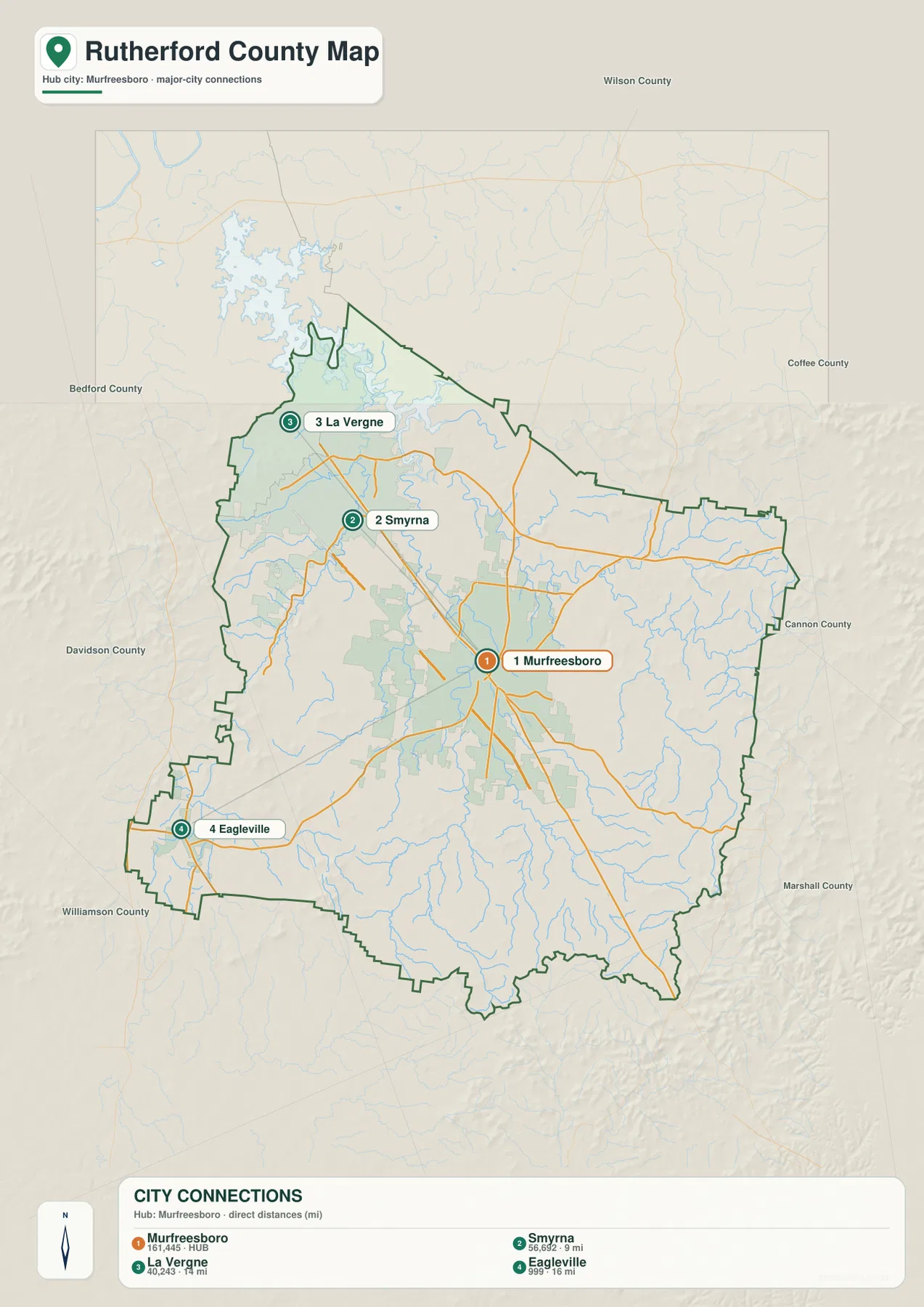 러더퍼드 카운티 도시 지도 - Murfreesboro, Smyrna, La Vergne, Eagleville의 위치와 거리