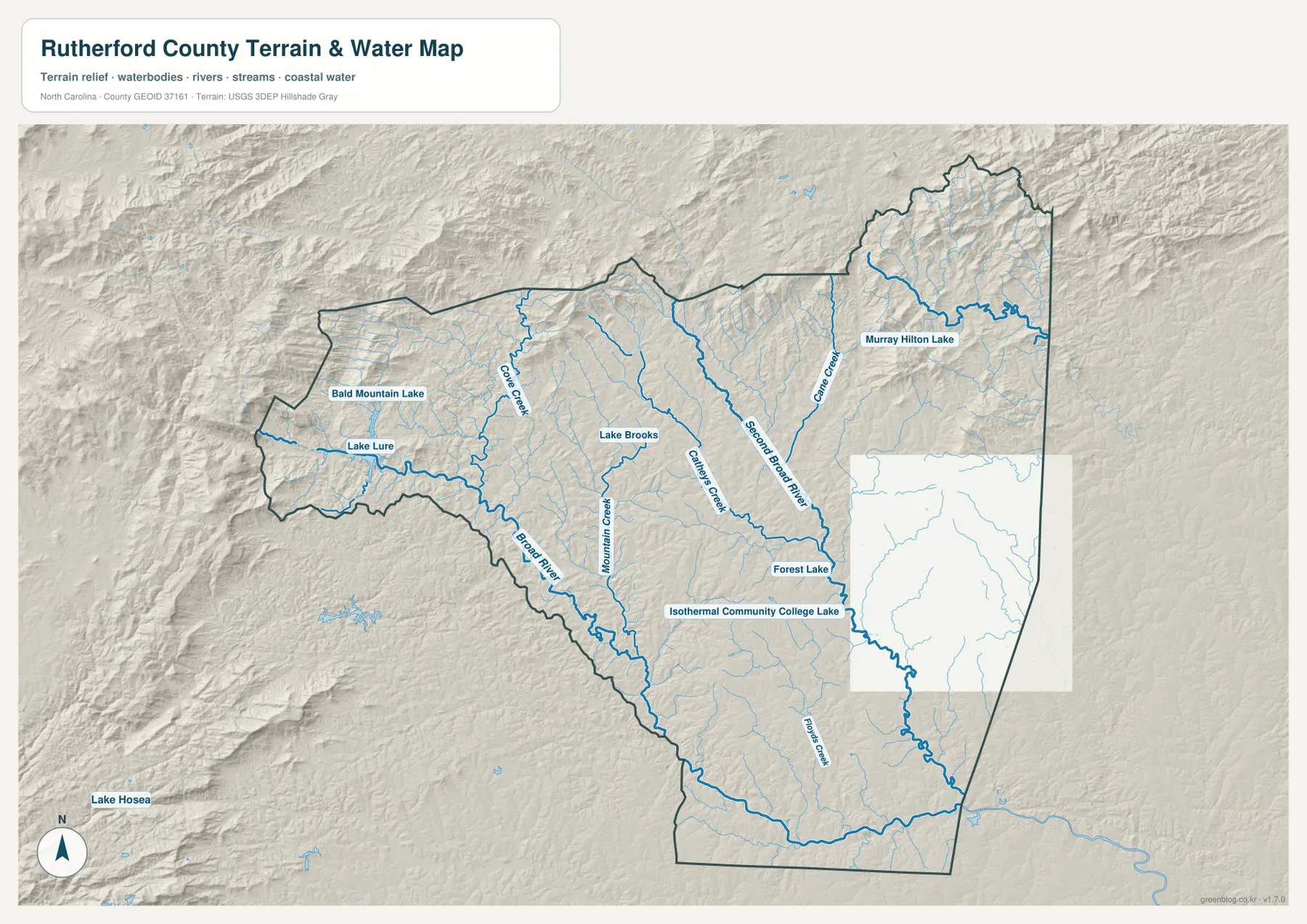 Rutherford County terrain and water map showing Broad River Second Broad River Lake Lure Cane Creek and foothills