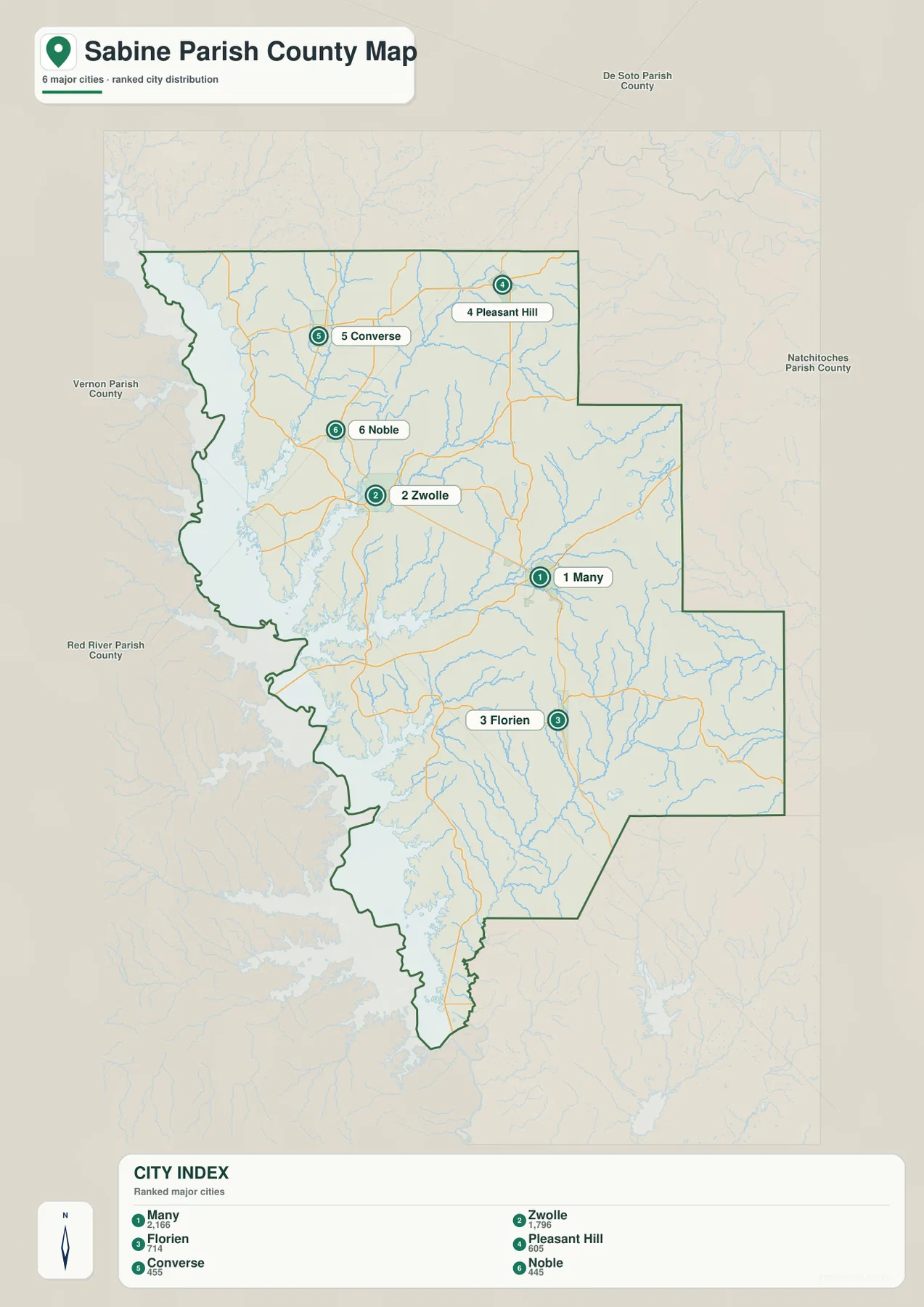 Sabine Parish ranked city map showing Many, Zwolle, Florien, Pleasant Hill, Converse, and Noble