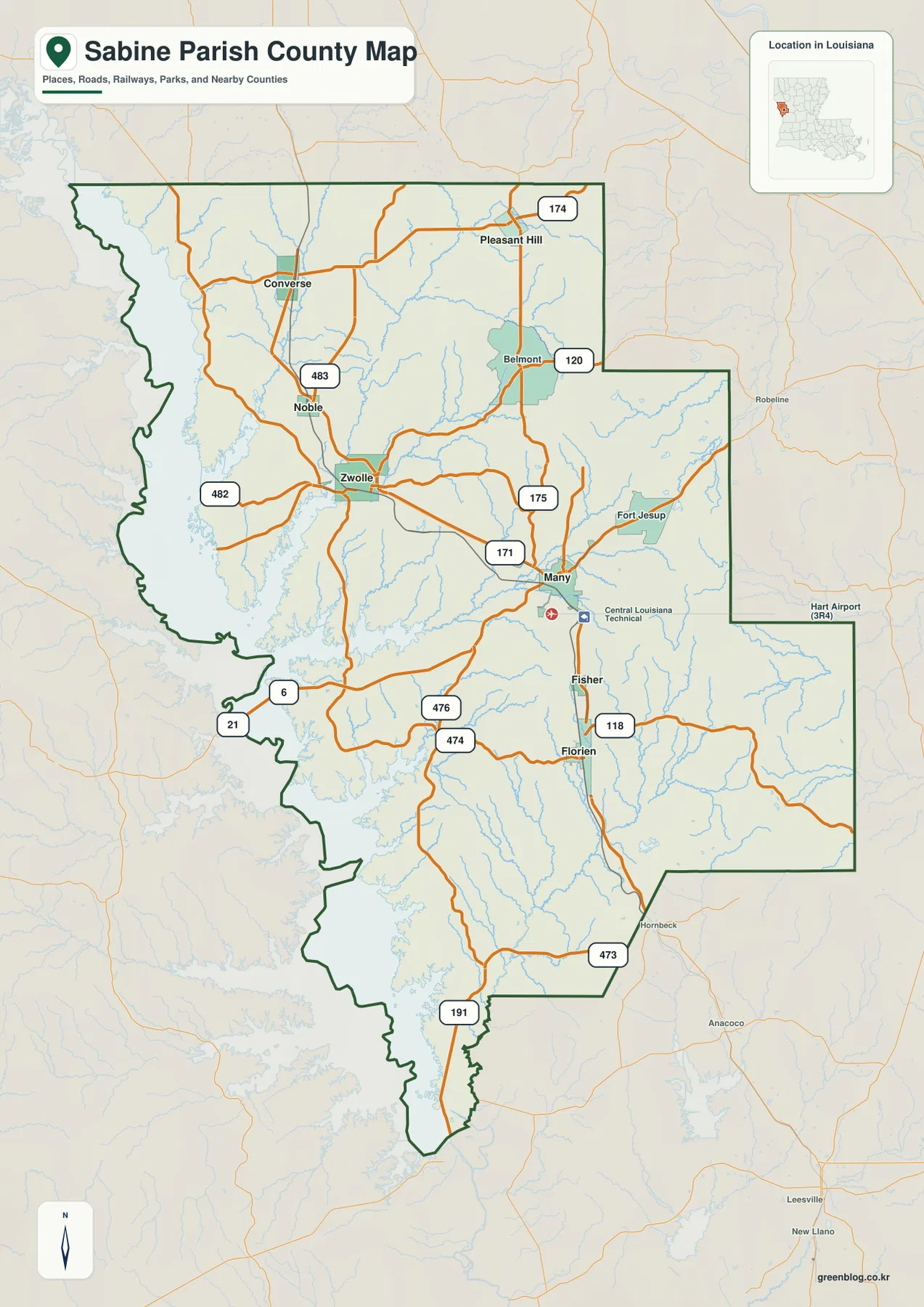 Sabine Parish map showing Many, Zwolle, Florien, Converse, Pleasant Hill, U.S. 171, LA 6, and major state roads