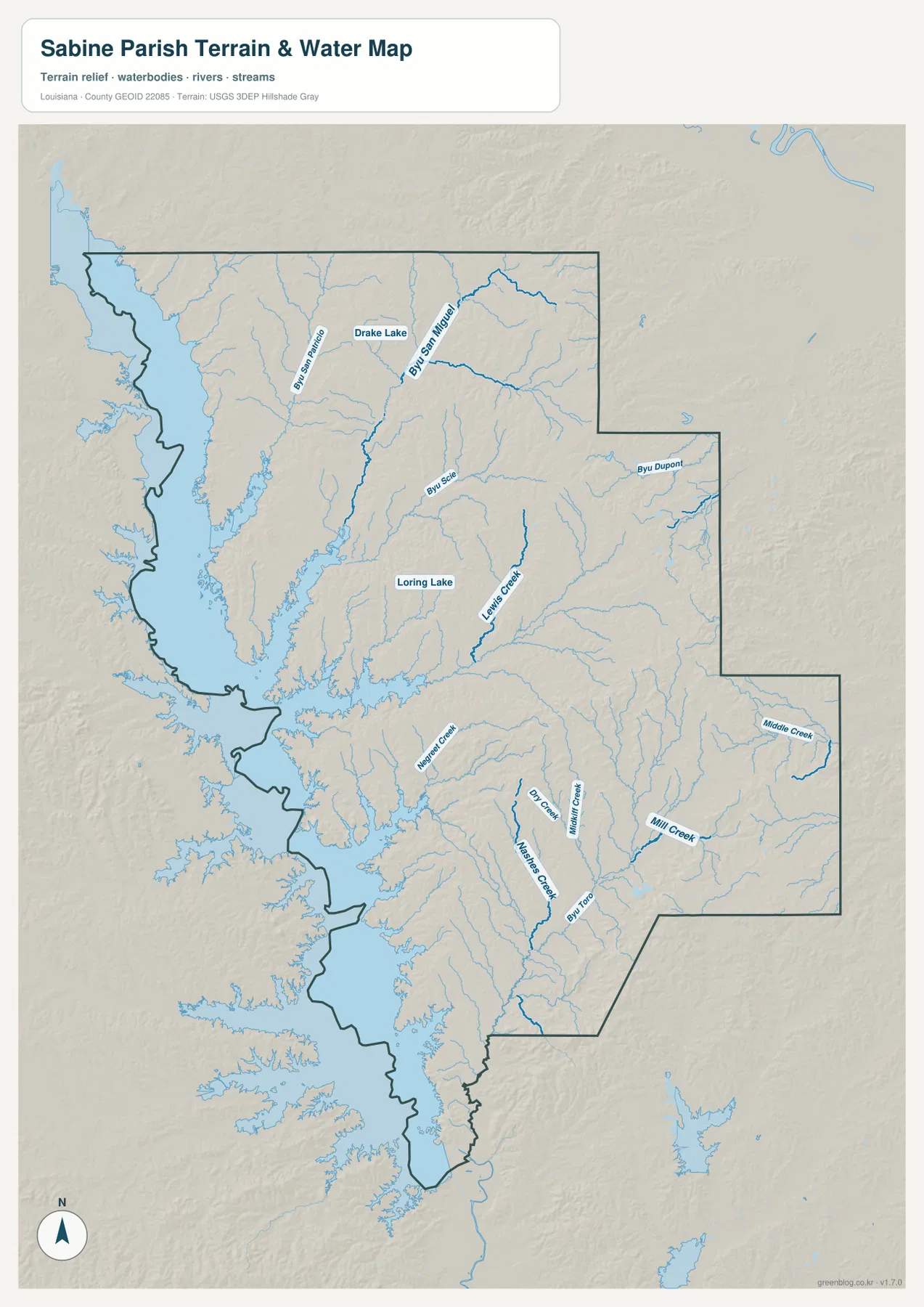 Sabine Parish water map showing Toledo Bend Reservoir, Bayou San Miguel, Bayou San Patricio, Loring Lake, Lewis Creek, Negreet Creek, and Bayou Toro