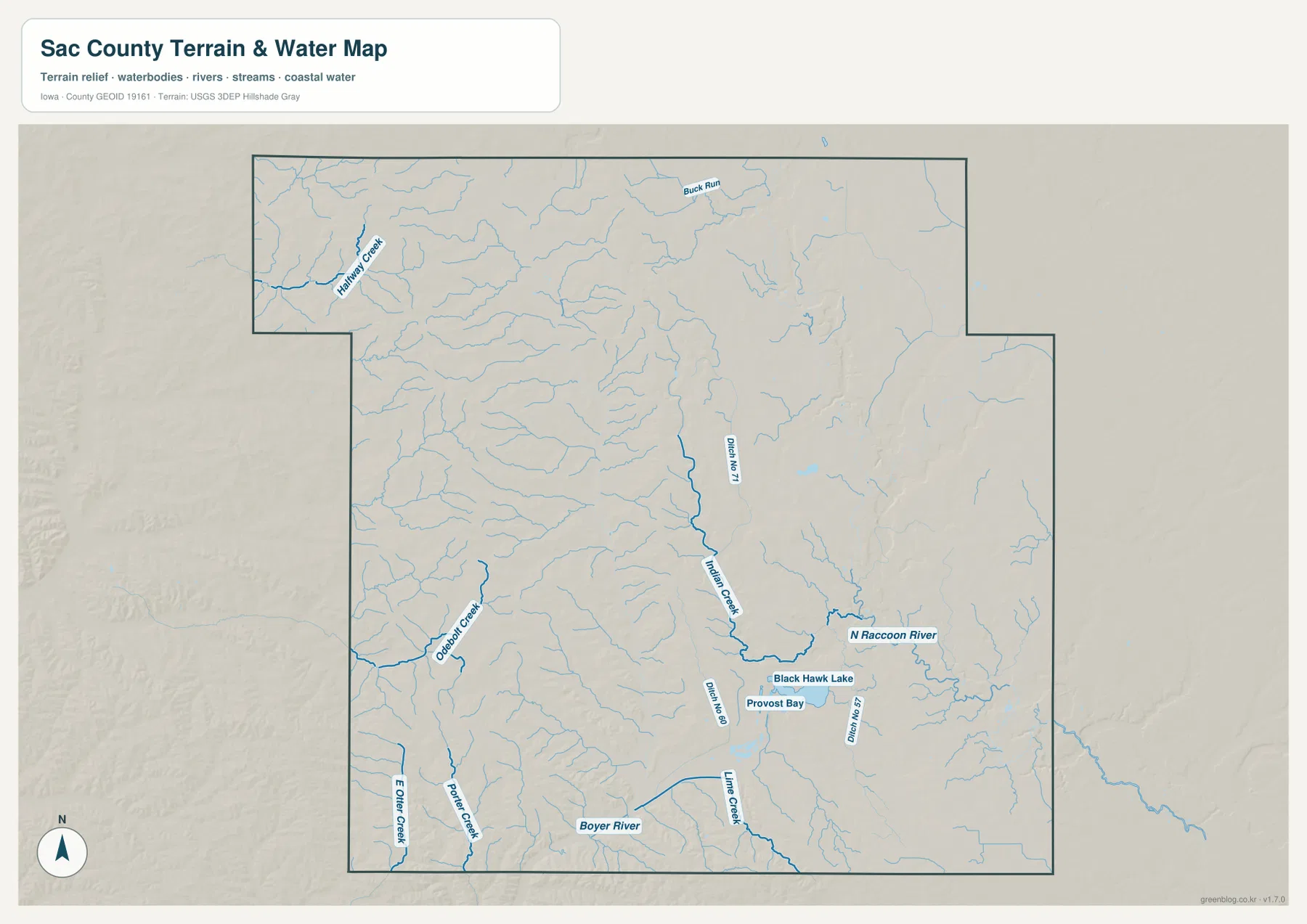 Sac County Iowa Black Hawk Lake North Raccoon River Indian Creek Boyer River 물 지형 지도