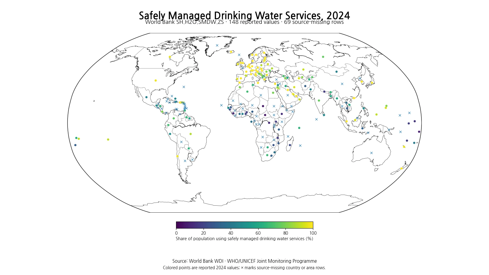 World map of the population using safely managed drinking water services in 2024