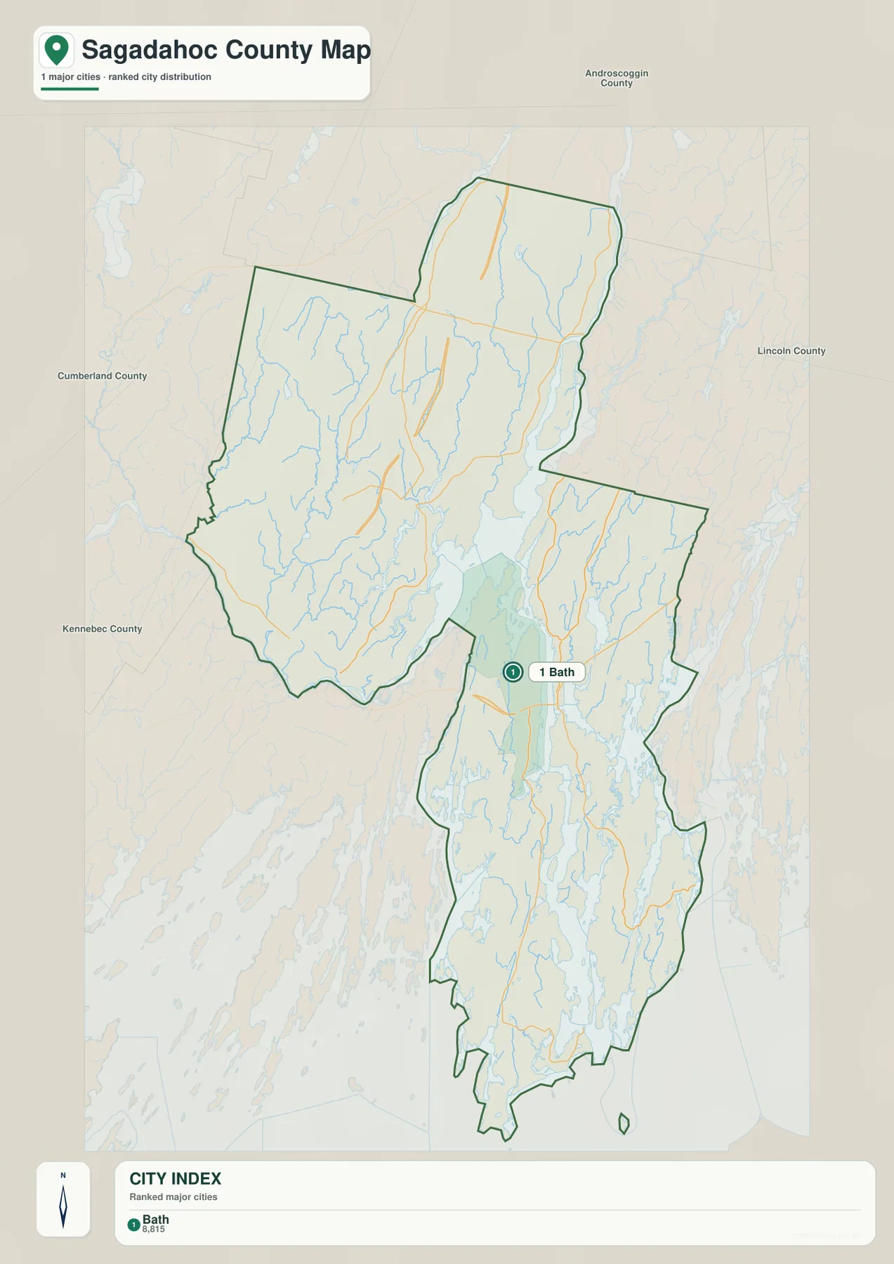 Sagadahoc County City Index 지도에서 Bath가 유일한 주요 도시로 표시되고 주변에 Androscoggin, Cumberland, Kennebec, Lincoln County가 보이는 모습