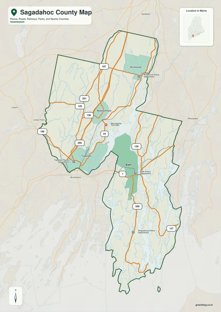 사가다호크 카운티(Sagadahoc County) 지도 – Bath·Topsham에서 Kennebec River와 대서양 해안까지