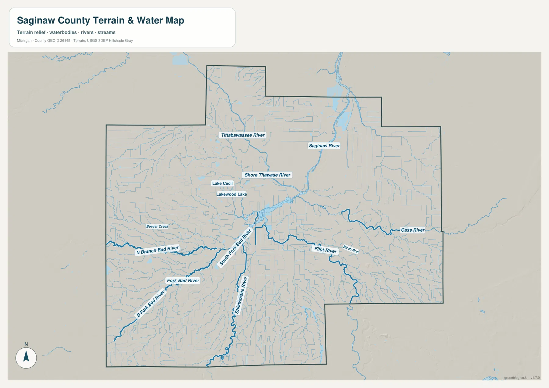 Tittabawassee, Shiawassee, Cass, Flint River와 Saginaw River를 표시한 Saginaw County 수역 지도