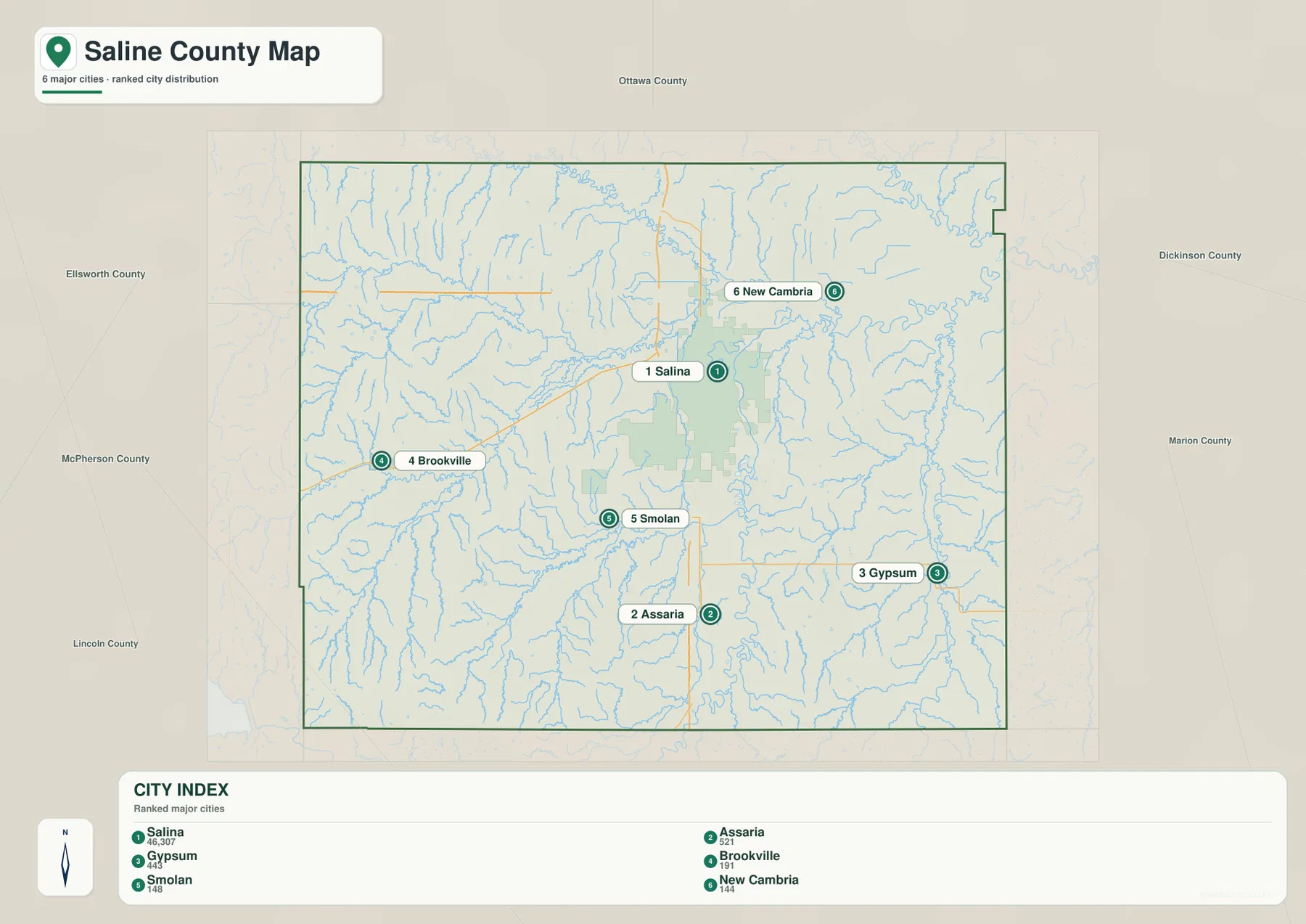 Saline County Kansas city map showing Salina, Assaria, Gypsum, Brookville, Smolan and New Cambria