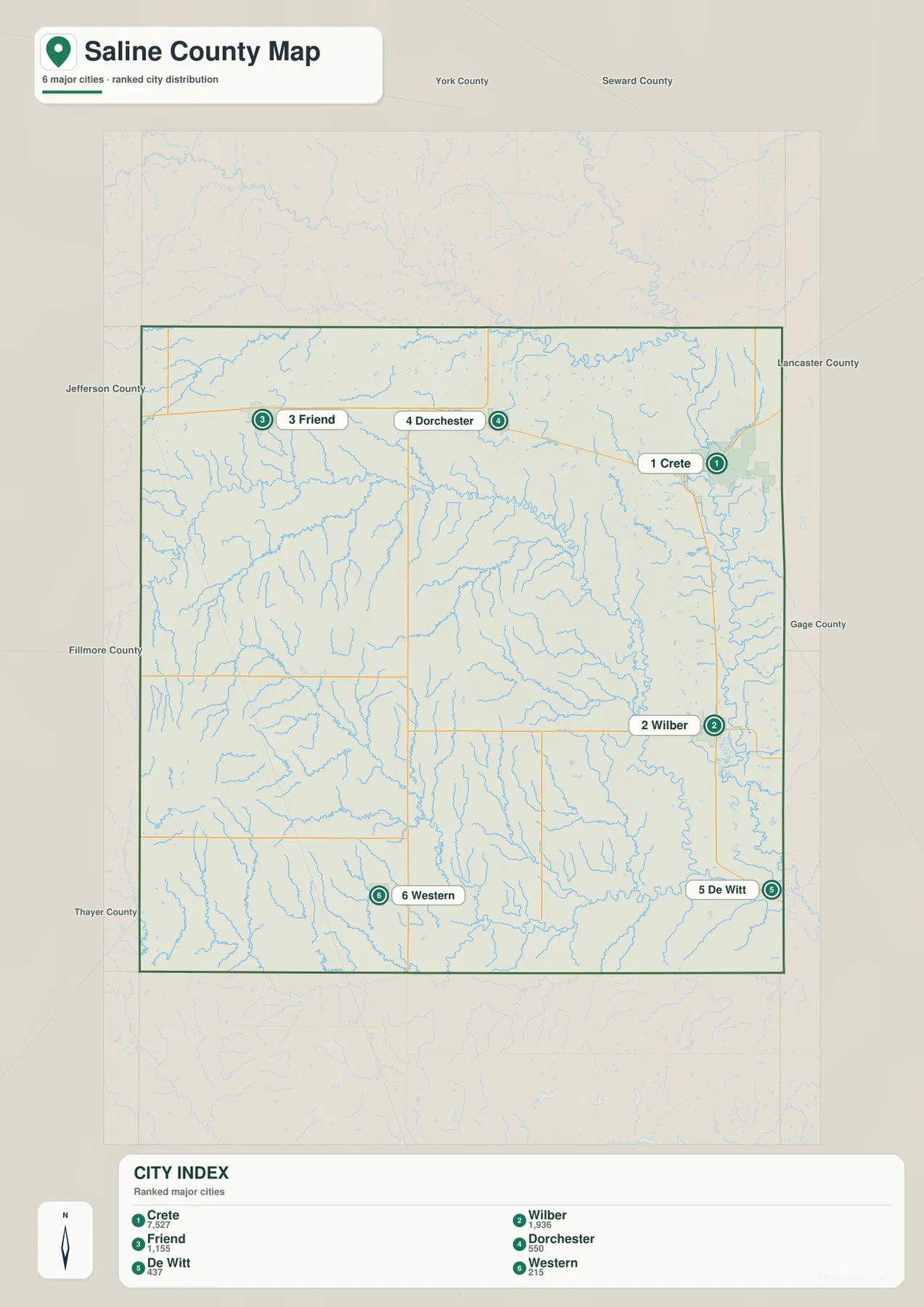 Saline County city map showing Crete, Wilber, Friend, Dorchester, DeWitt and Western
