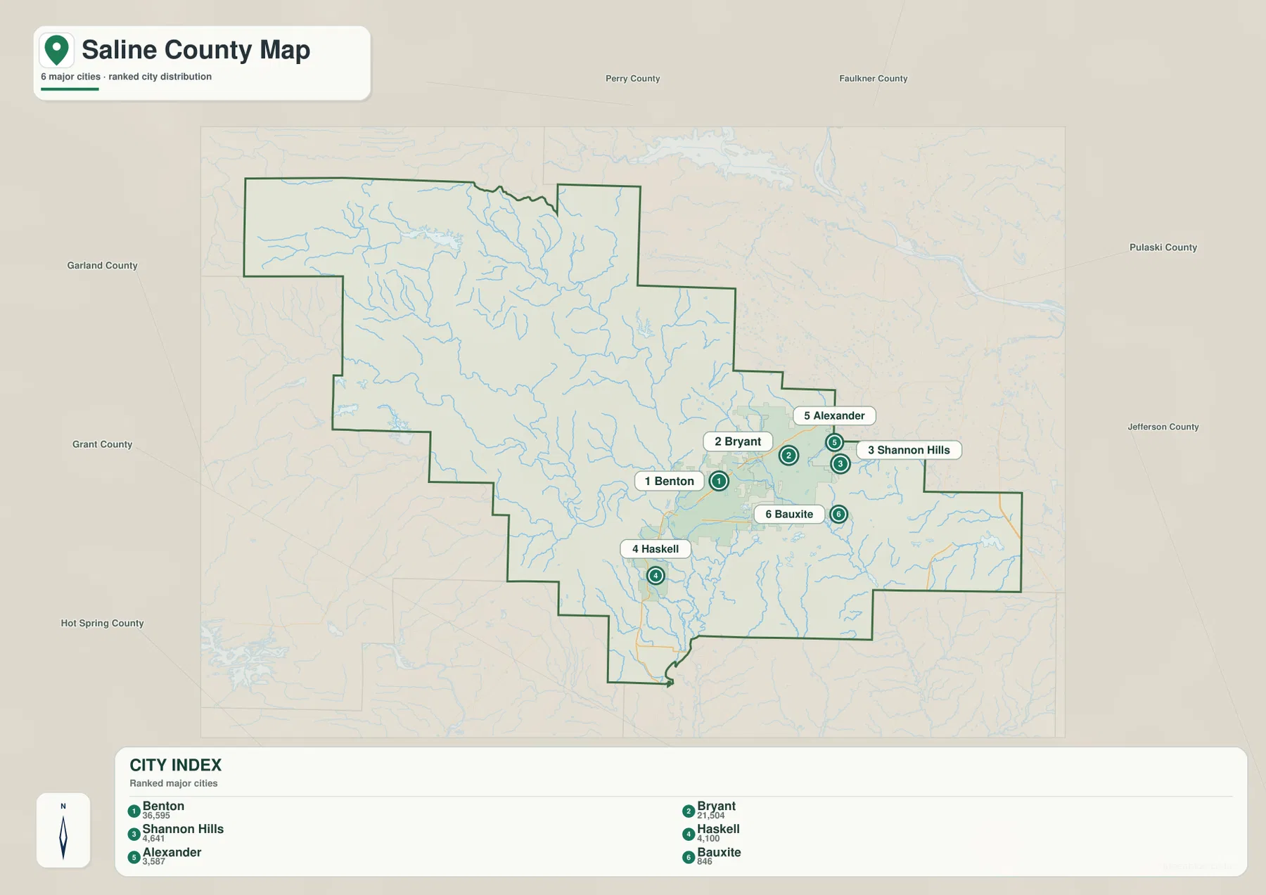 Saline County city map showing Benton, Bryant, Shannon Hills, Haskell, Alexander, and Bauxite