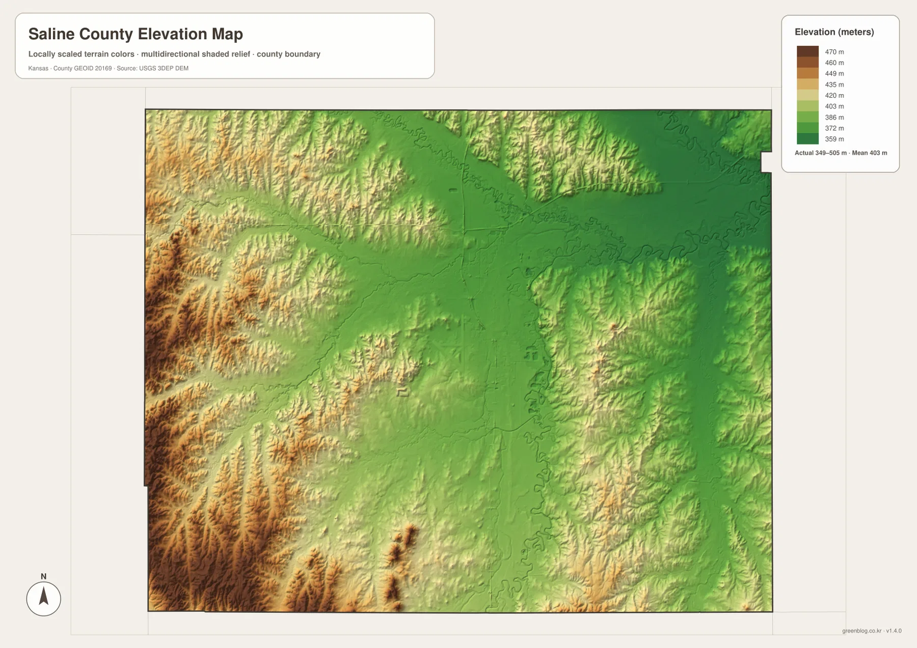Saline County Kansas elevation map showing 349 to 505 meter relief, higher western uplands and lower Saline and Smoky Hill river valleys