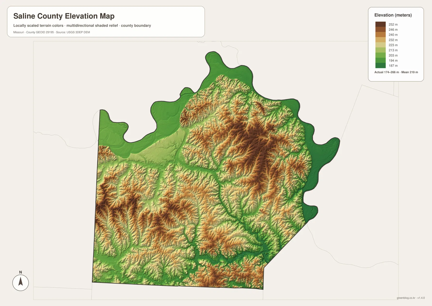 Saline County elevation map showing 174 to 266 meter relief, low Missouri and Blackwater river corridors, and higher interior ridges