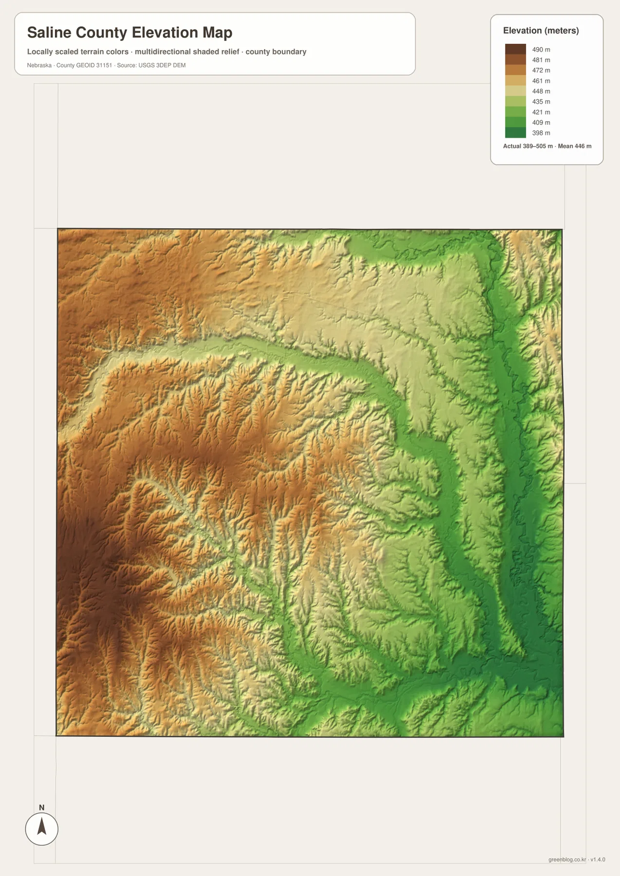 Saline County elevation map showing higher western hills and lower terrain near the Big Blue River