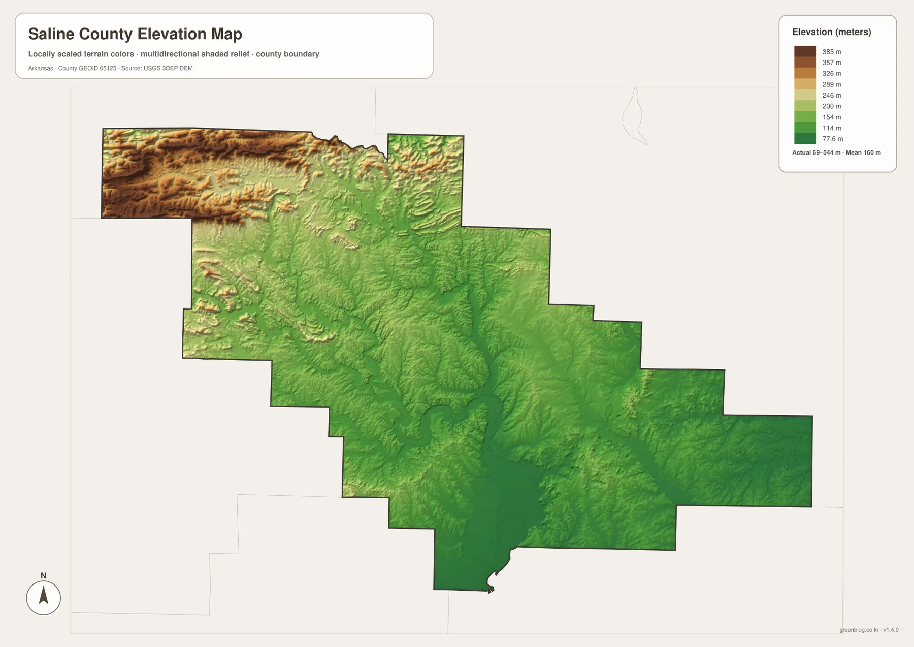 Saline County Arkansas elevation map showing high northwest ridges and lower central and southeastern terrain