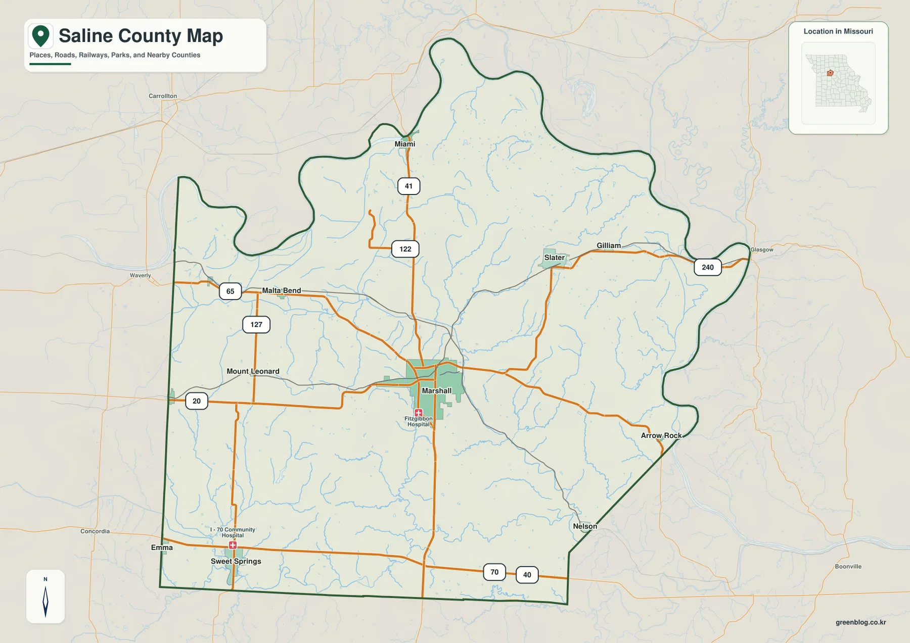 Saline County Missouri map showing Marshall, Slater, Sweet Springs, Malta Bend, U.S. 65, Route 20, Route 41, and Route 240