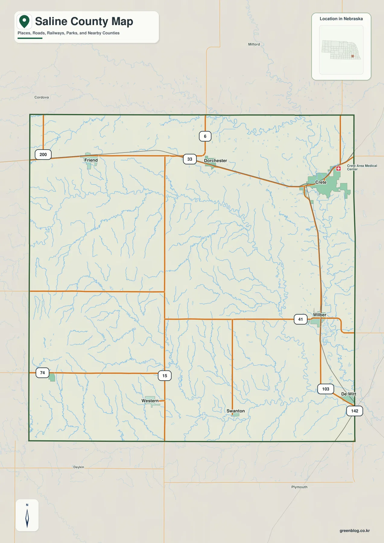 Saline County Nebraska map showing Crete, Wilber, Friend, Dorchester, DeWitt, Western and major roads