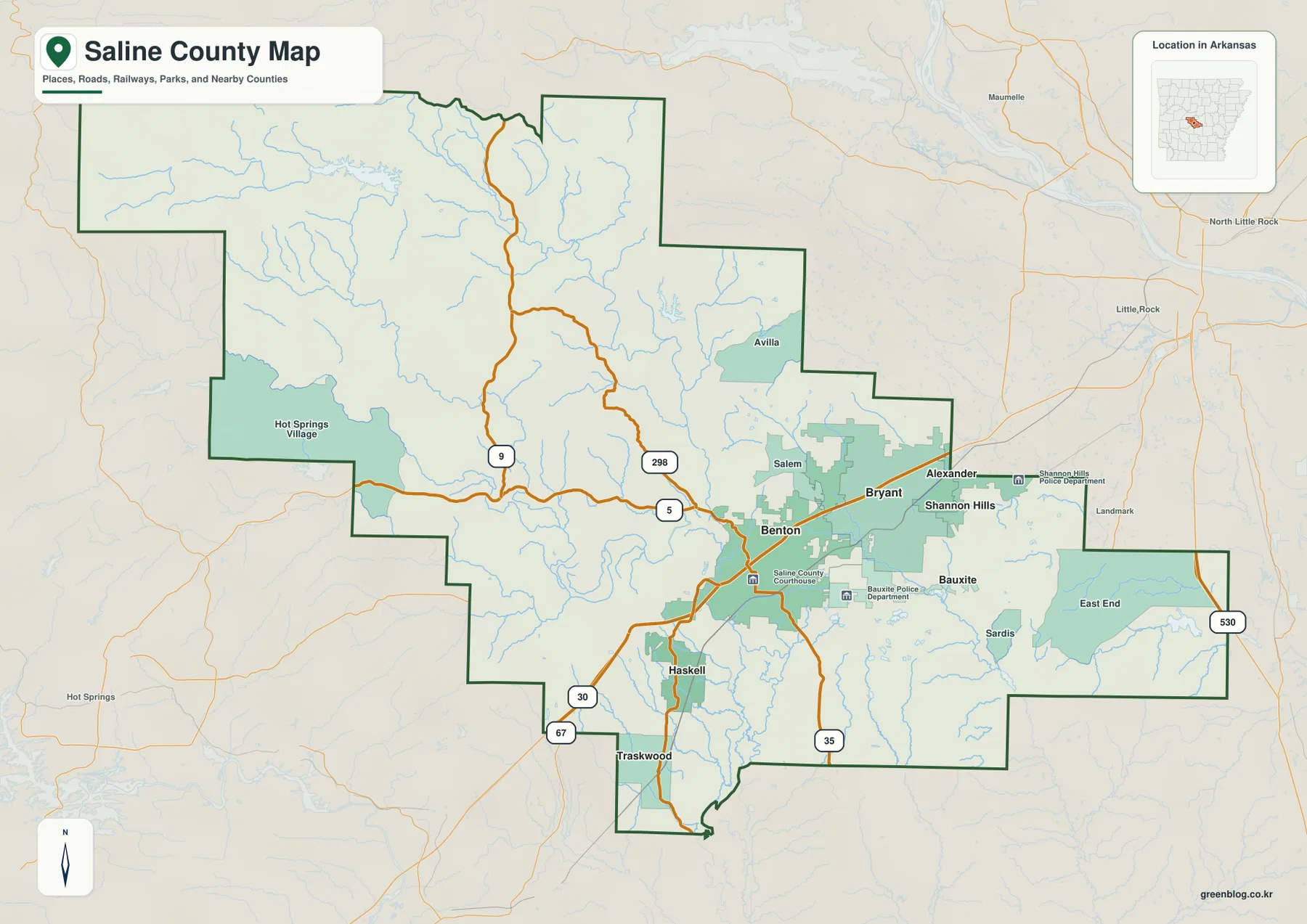 Saline County Arkansas map showing Benton, Bryant, major roads, communities, and the county boundary