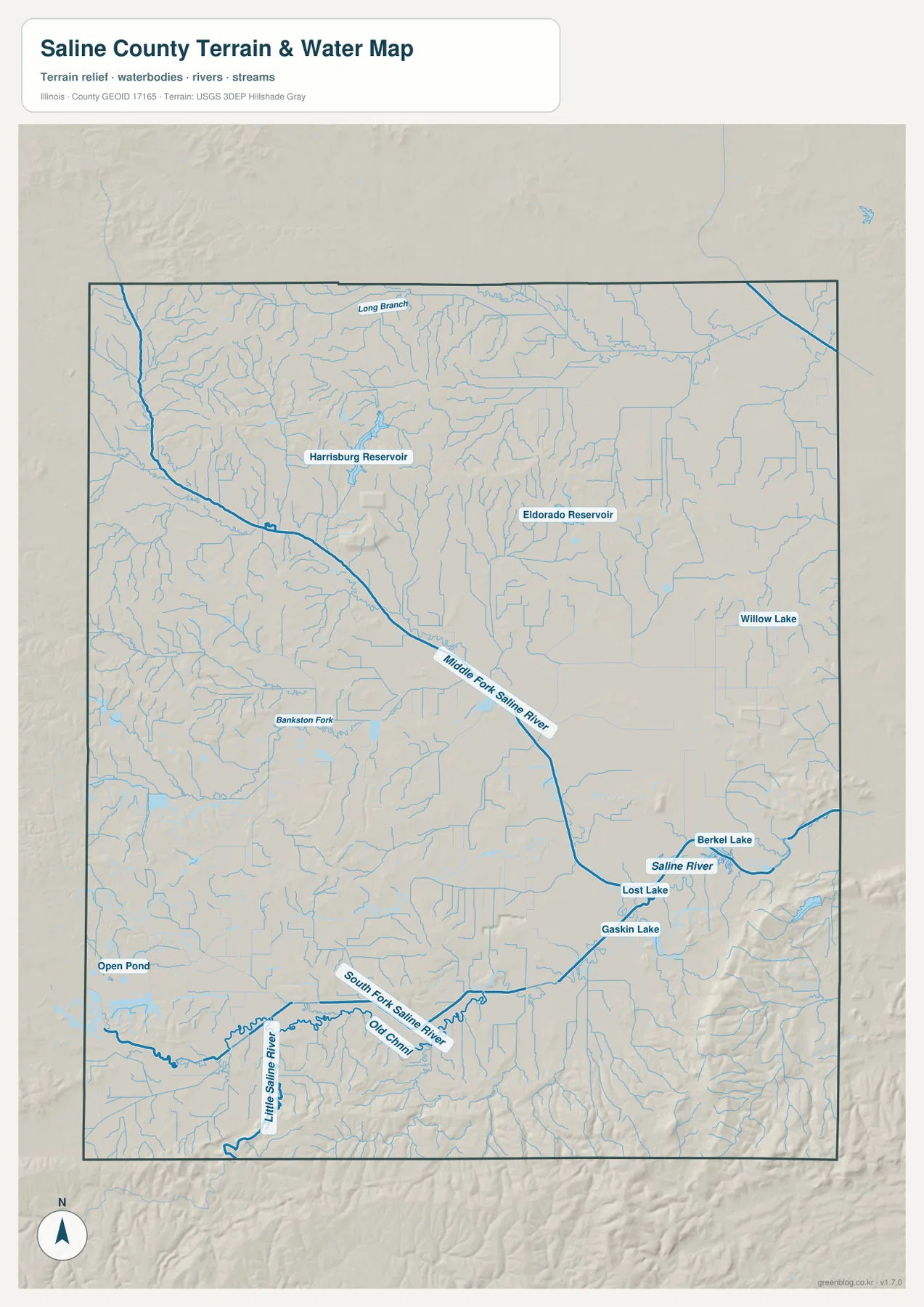 Middle Fork Saline River, Saline River, South Fork Saline River, Little Saline River와 여러 저수지·호수를 보여 주는 Saline County 수역 지도