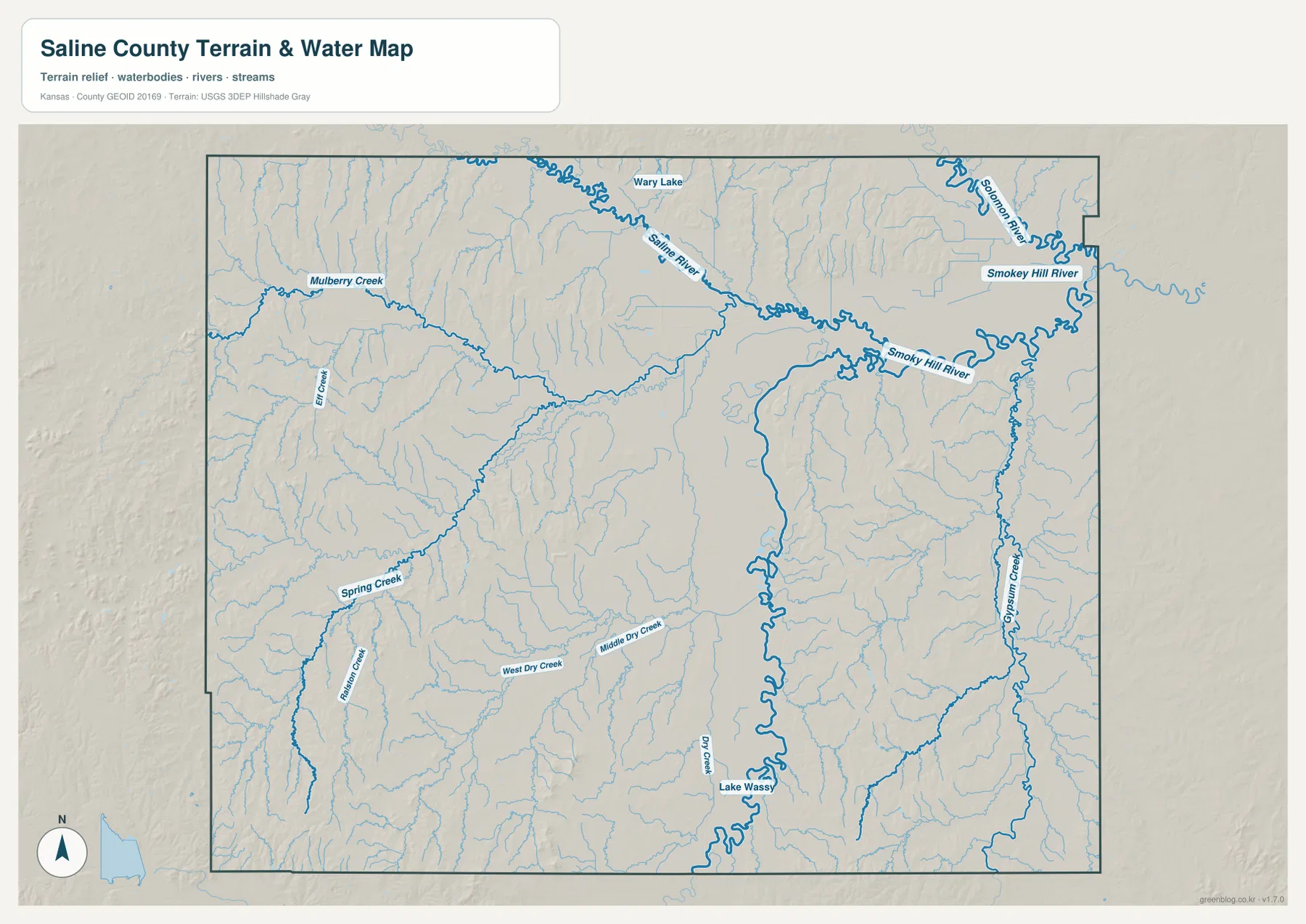 설라인 카운티 Saline River, Smoky Hill River, Solomon River, Gypsum Creek, Mulberry Creek 수역 지도