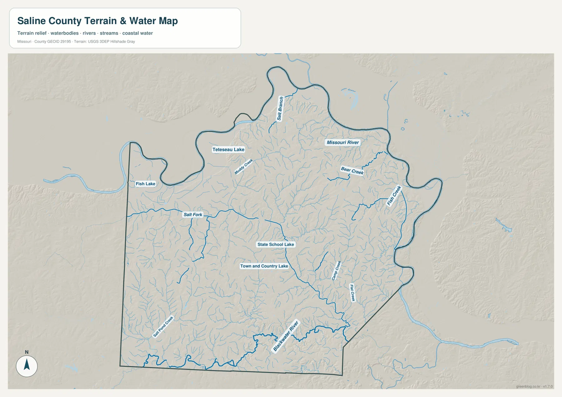 Saline County terrain and water map showing Missouri River, Blackwater River, Salt Fork, Grand Creek, Flat Creek, and Bear Creek