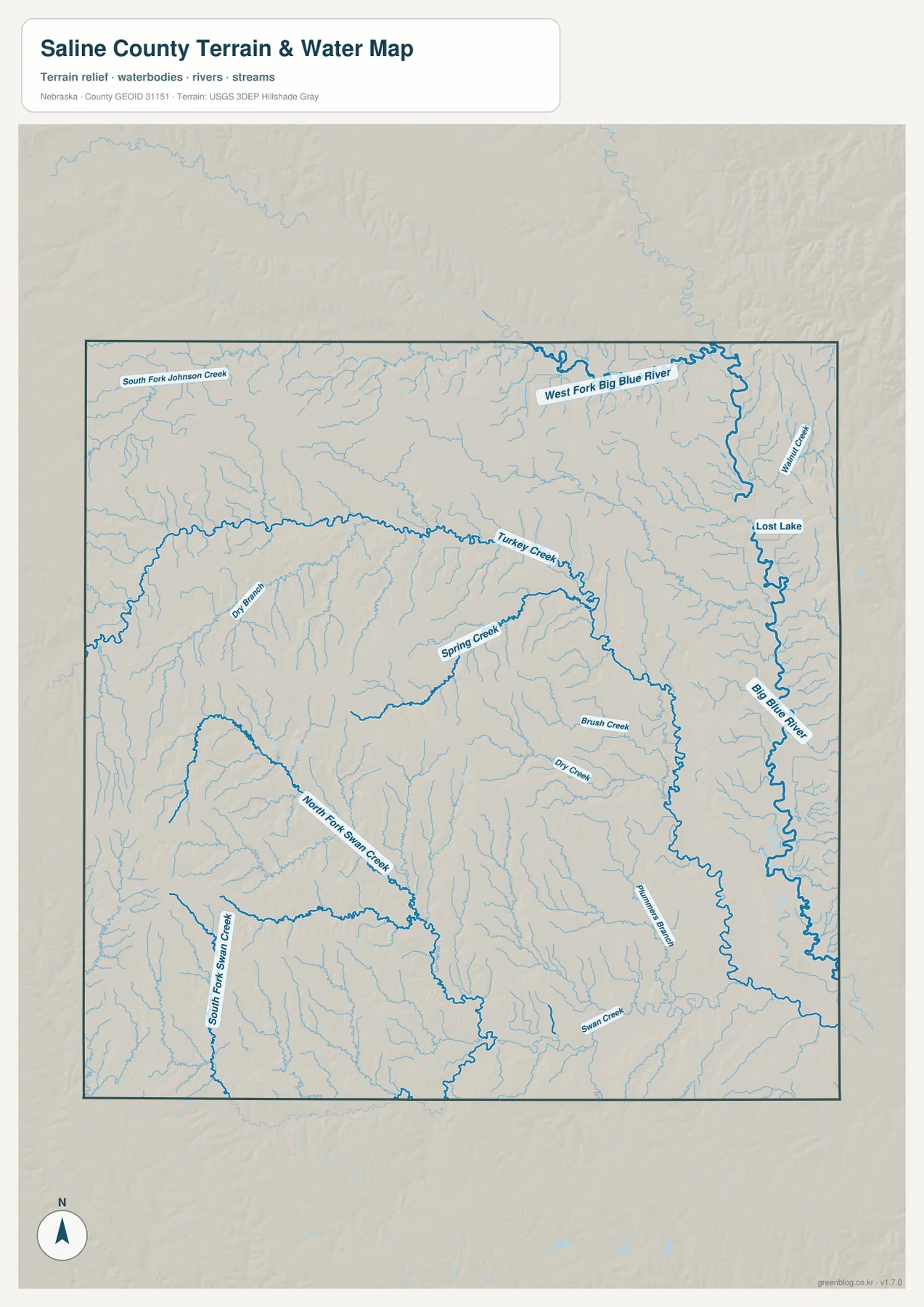 Saline County water map showing Big Blue River, West Fork Big Blue River, Turkey Creek, Swan Creek and smaller tributaries