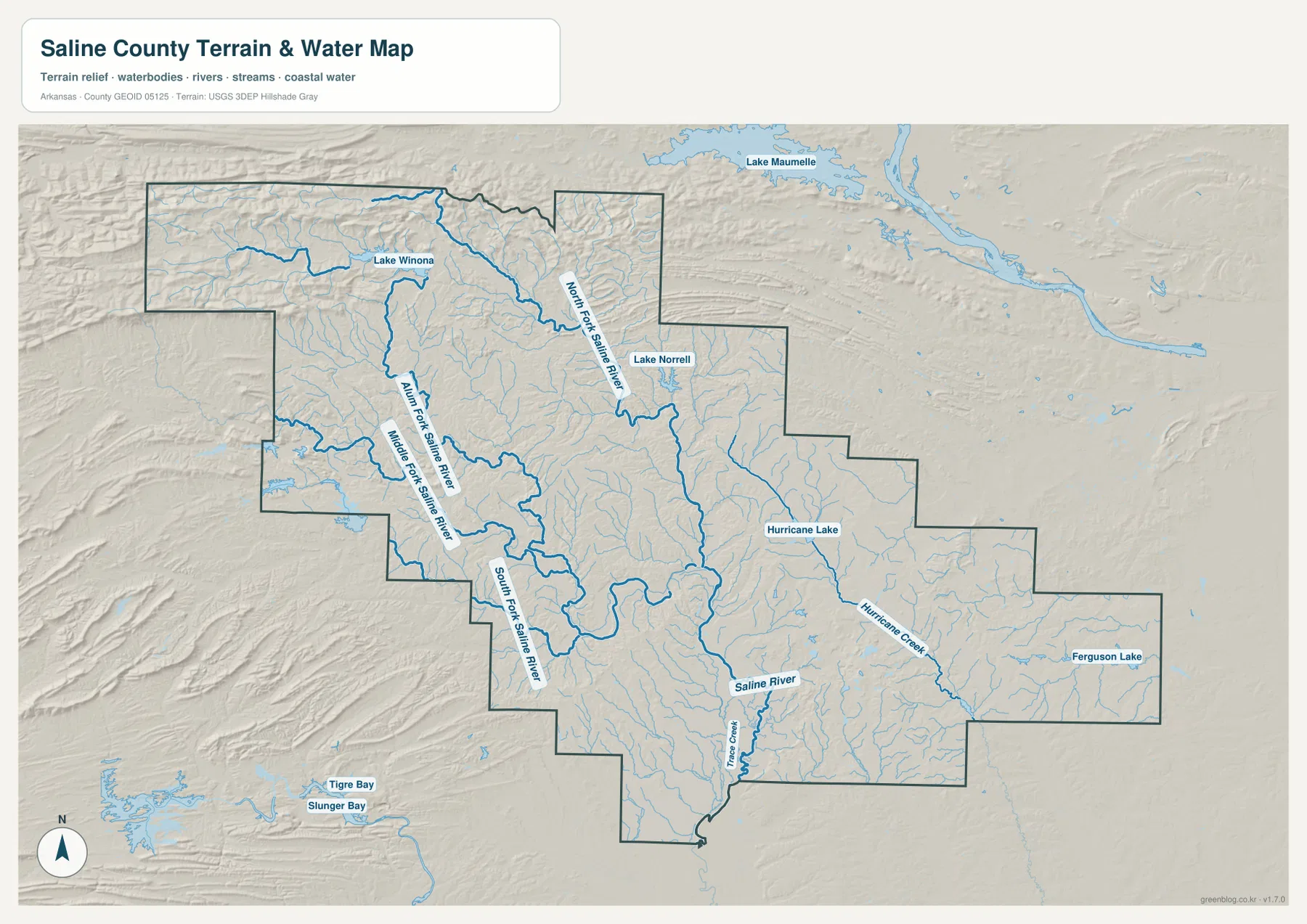 Saline County terrain and water map showing Saline River forks, Lake Winona, Lake Norrell, and Hurricane Creek