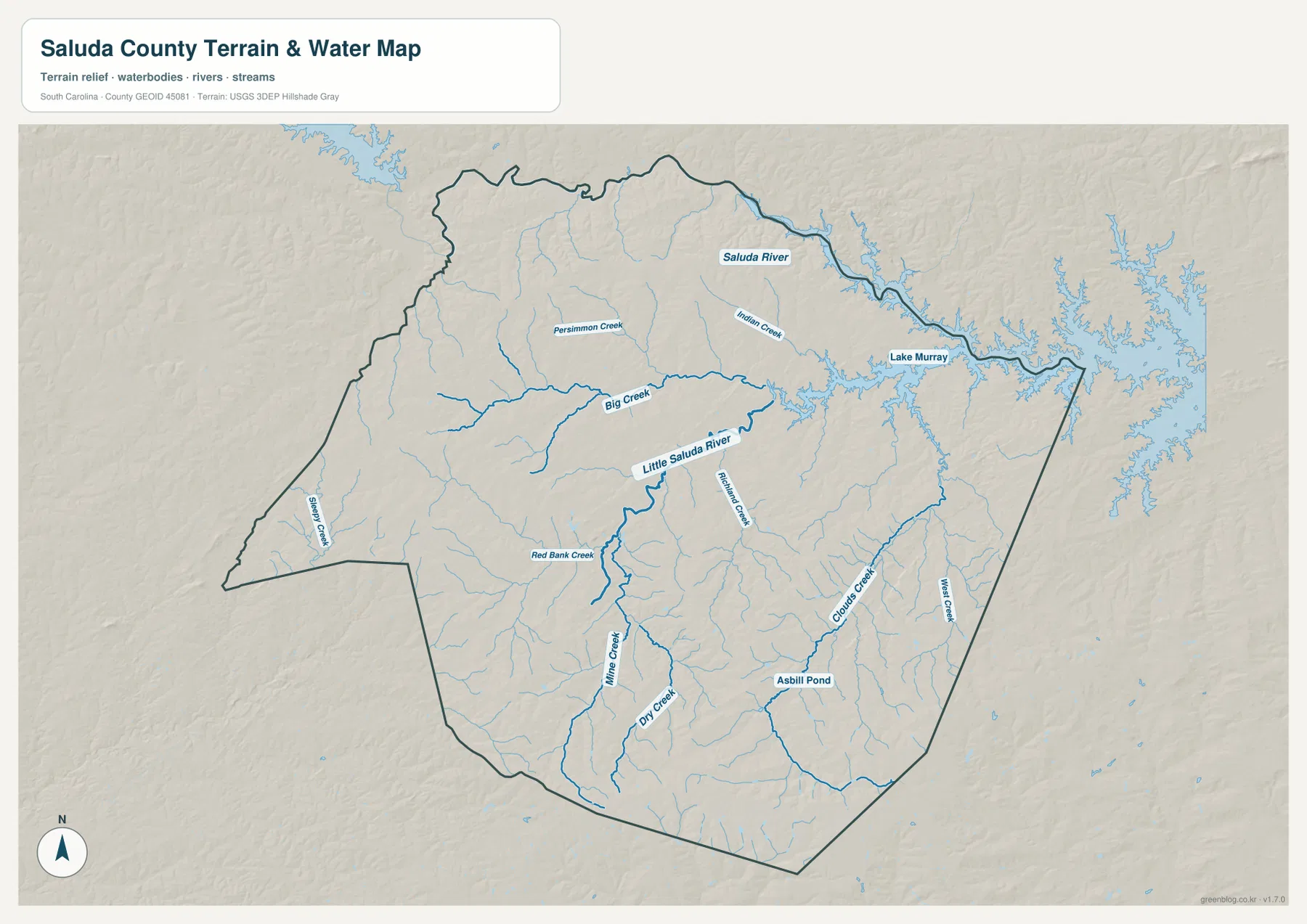 Saluda County terrain and water map with Saluda River, Little Saluda River, Lake Murray, Big Creek and named tributaries
