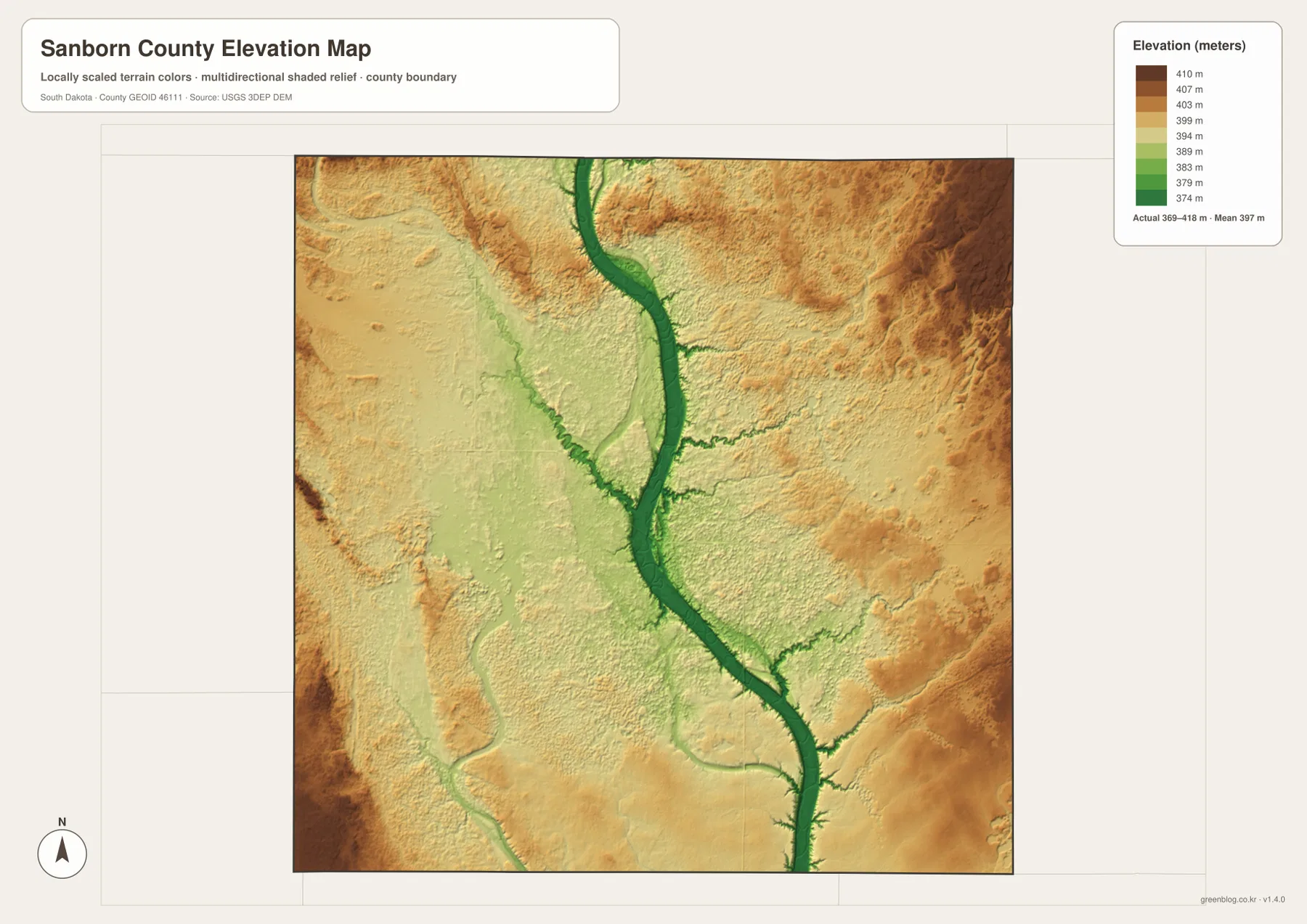 Sanborn County South Dakota elevation map with map-legend Actual values about 369 to 418 meters, low James River valley and higher eastern terrain