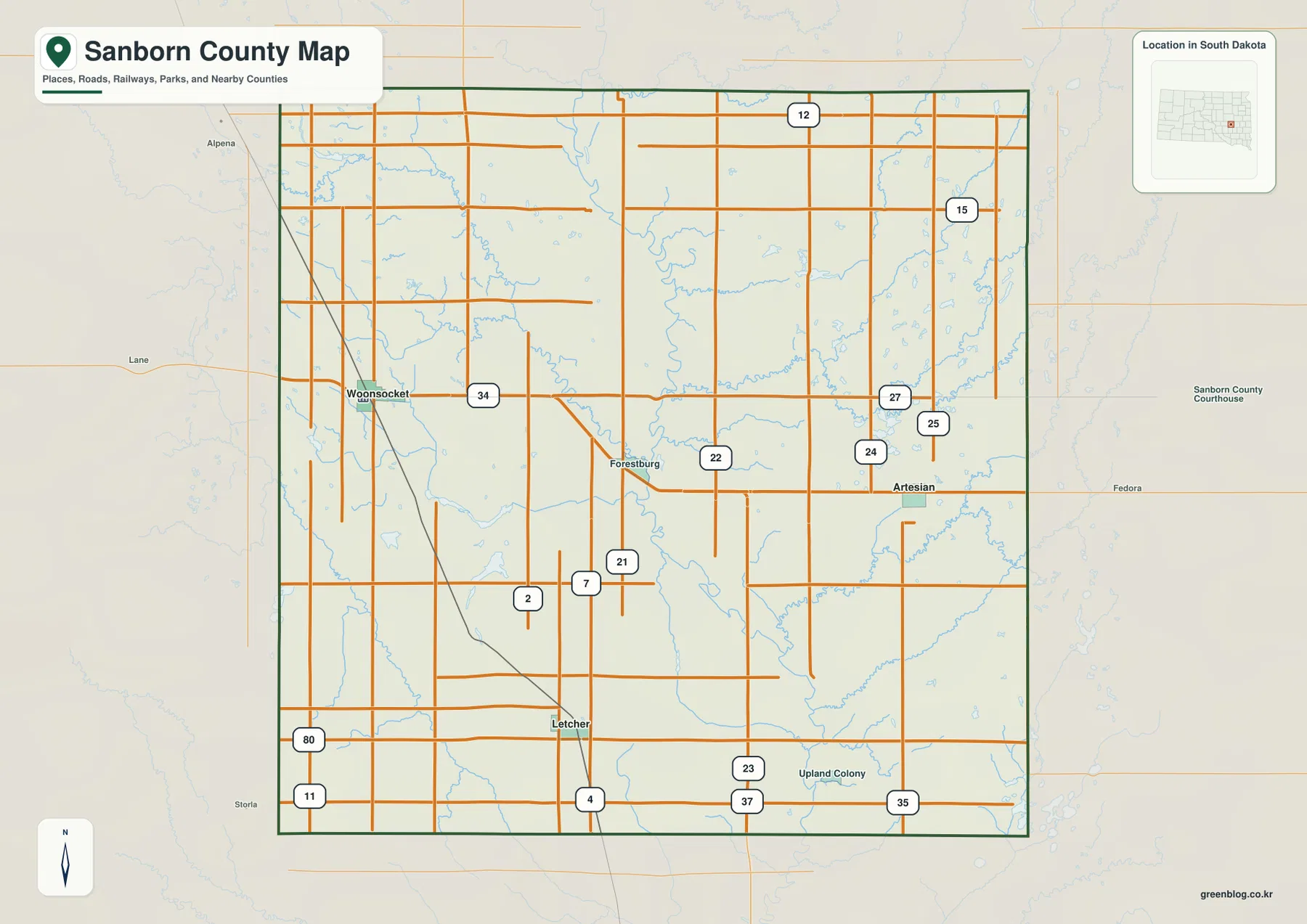 Sanborn County South Dakota general map showing Woonsocket, Forestburg, Artesian, Letcher, road 34 and the railroad