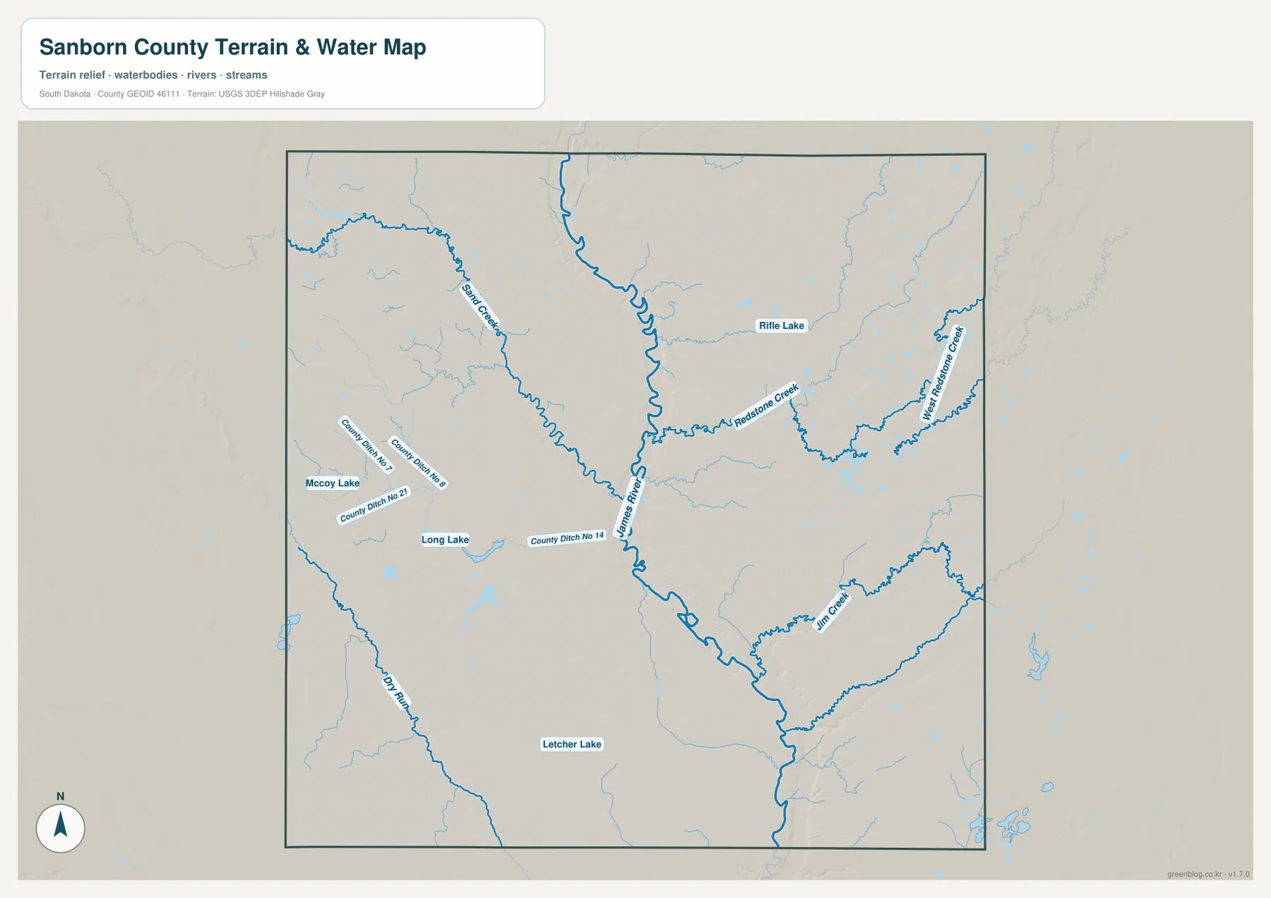 Sanborn County water map showing James River, Snake Creek, Redstone Creek, West Redstone Creek, Jim Creek and named lakes